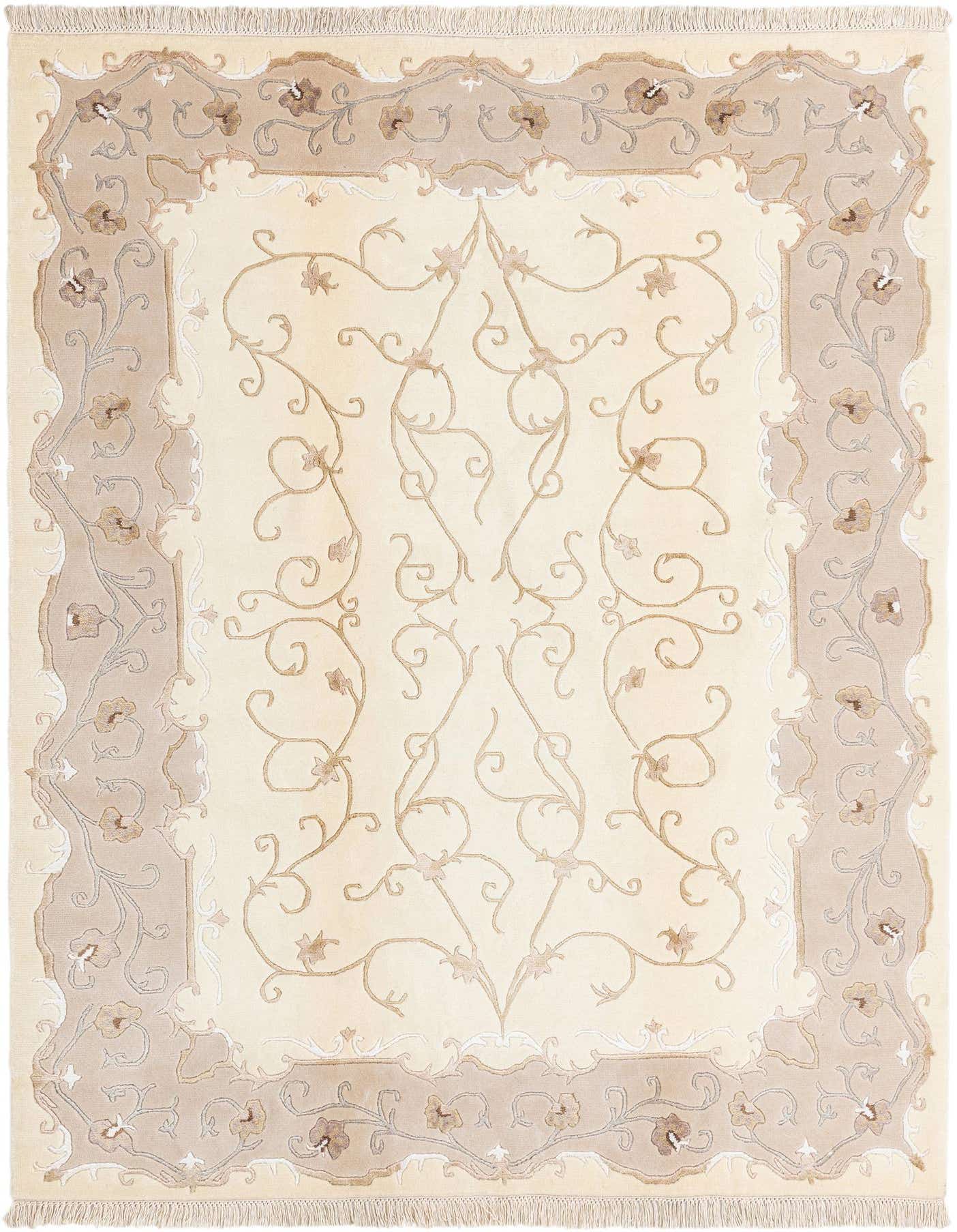 A 5x8 rectangular Darya rug in cream and tan, featuring a modern Persian floral and vine pattern with a decorative border.