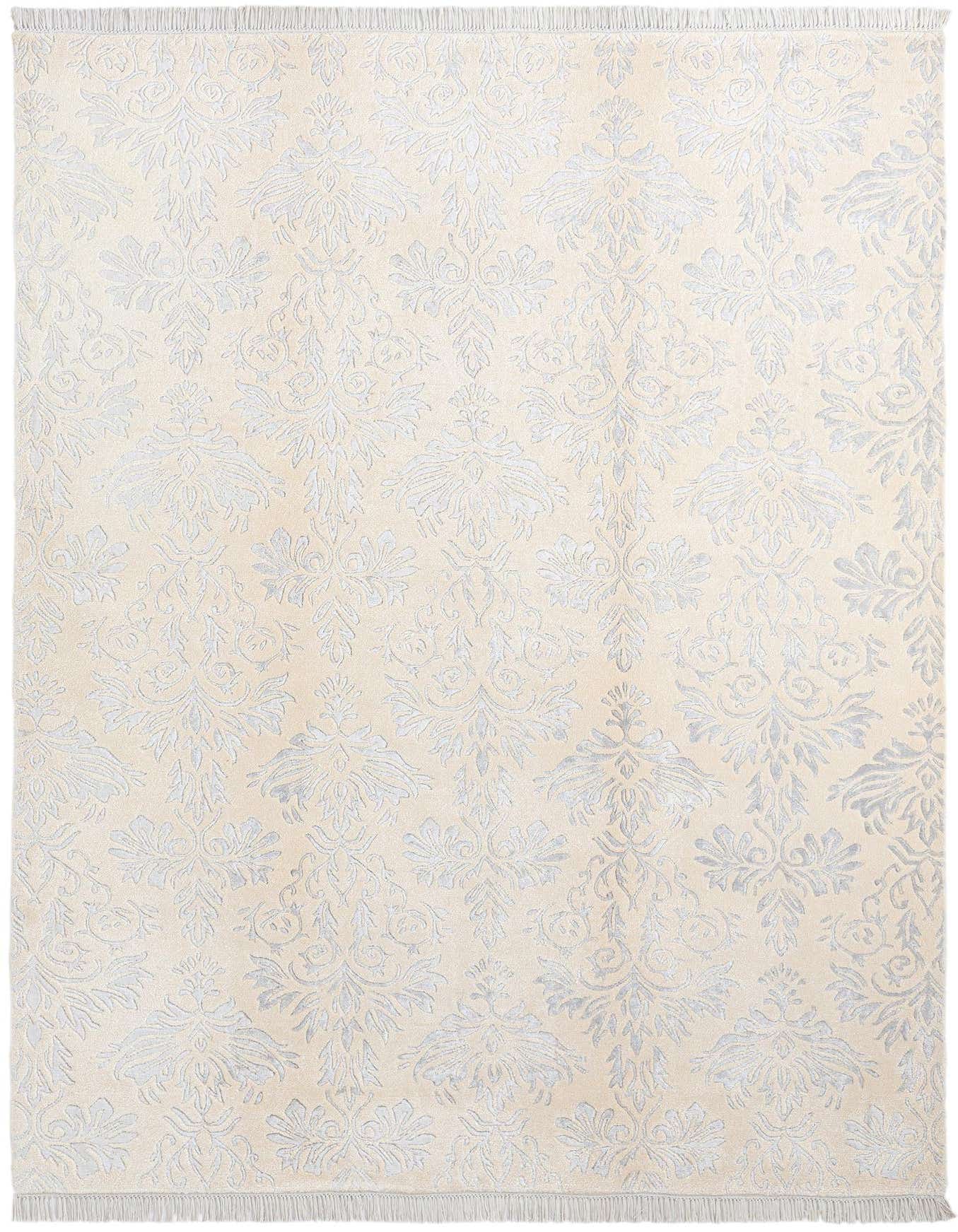 A 5x8 rectangular Darya rug with a high pile, featuring an ivory and tan modern Persian pattern, ideal for a living room.