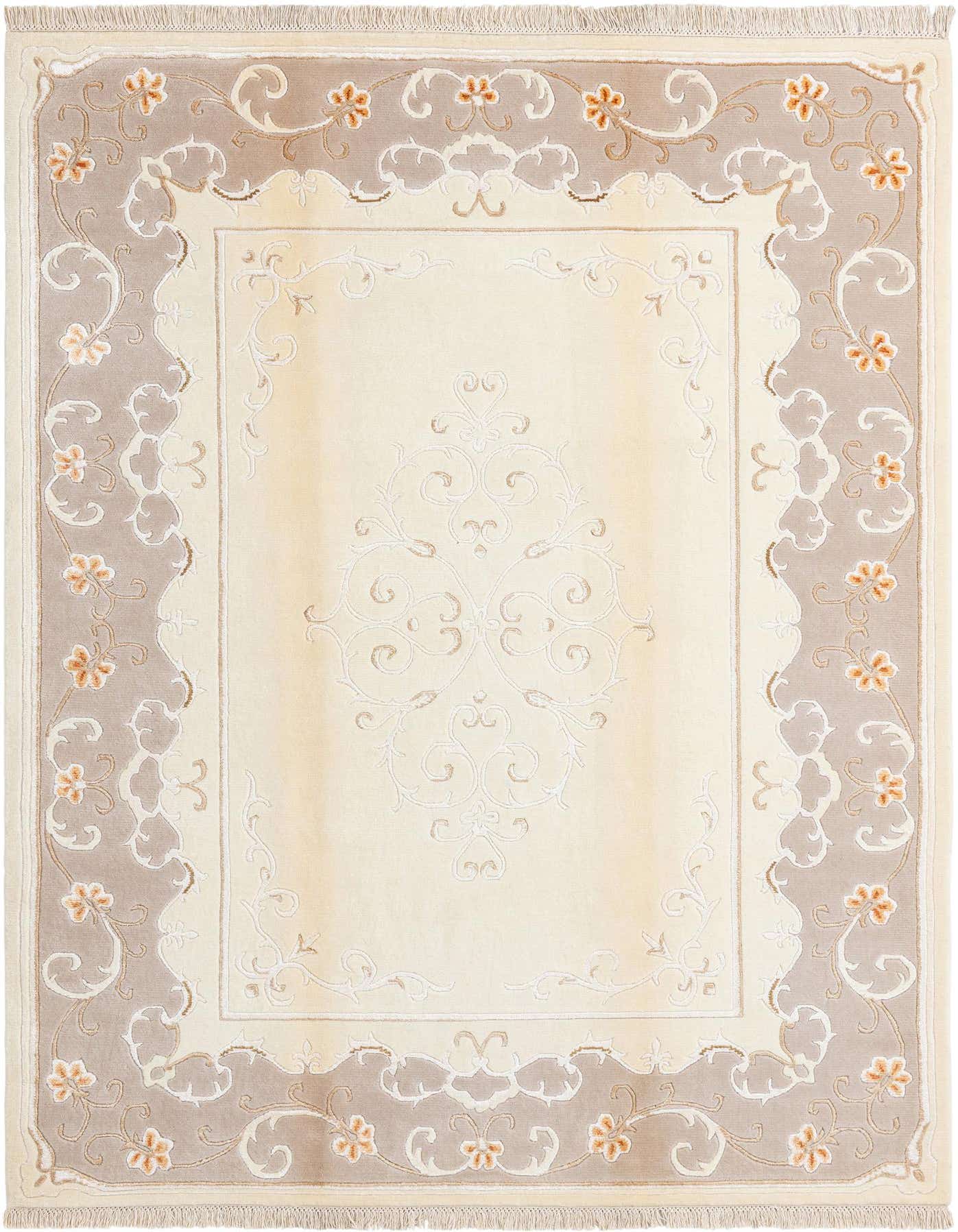 A 5x8 rectangular Darya rug with a cream center and an intricate brown, tan, and ivory Persian border.