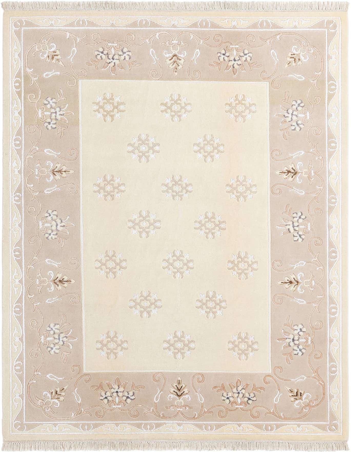 A 5x8 rectangular Darya rug with a cream center and a wide tan border featuring modern Persian floral patterns.
