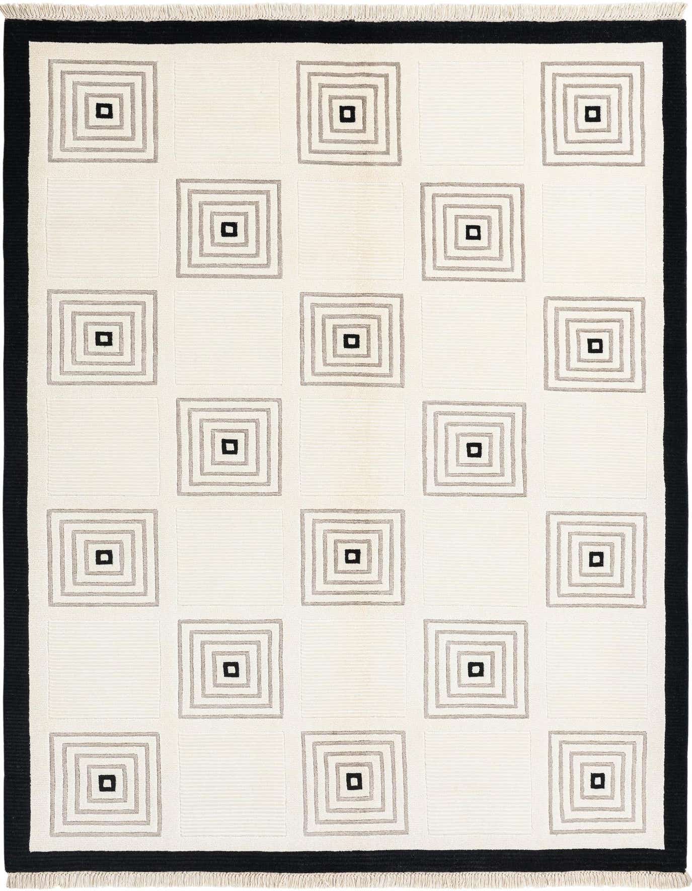 A 5x8 rectangular Darya rug with a modern Persian pattern, featuring concentric squares in brown and ivory on a cream background, framed by a thick black border.