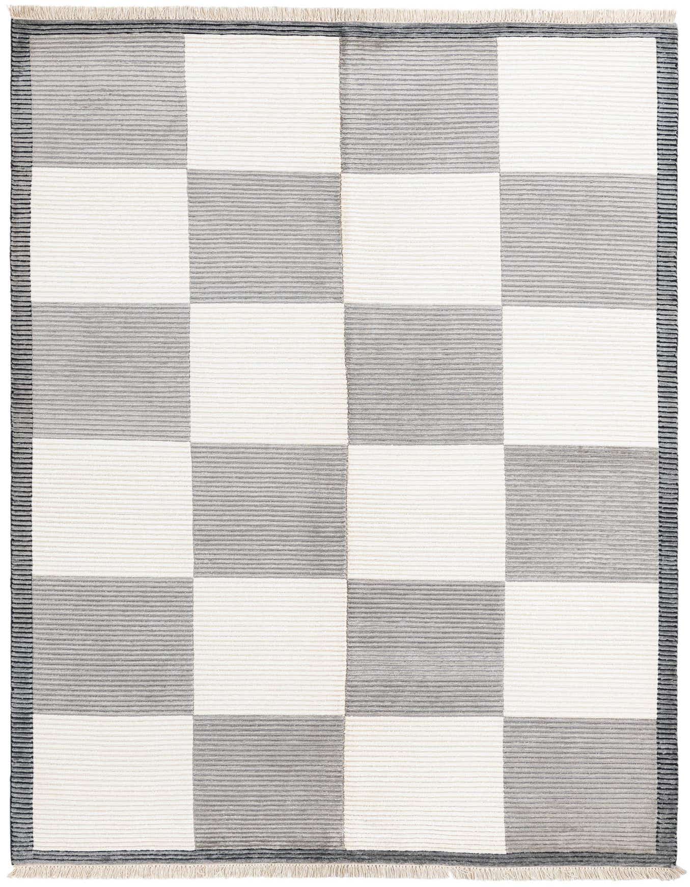 A 5x8 rectangular Darya rug with a modern checkerboard pattern in alternating brown and ivory squares, featuring a high pile.