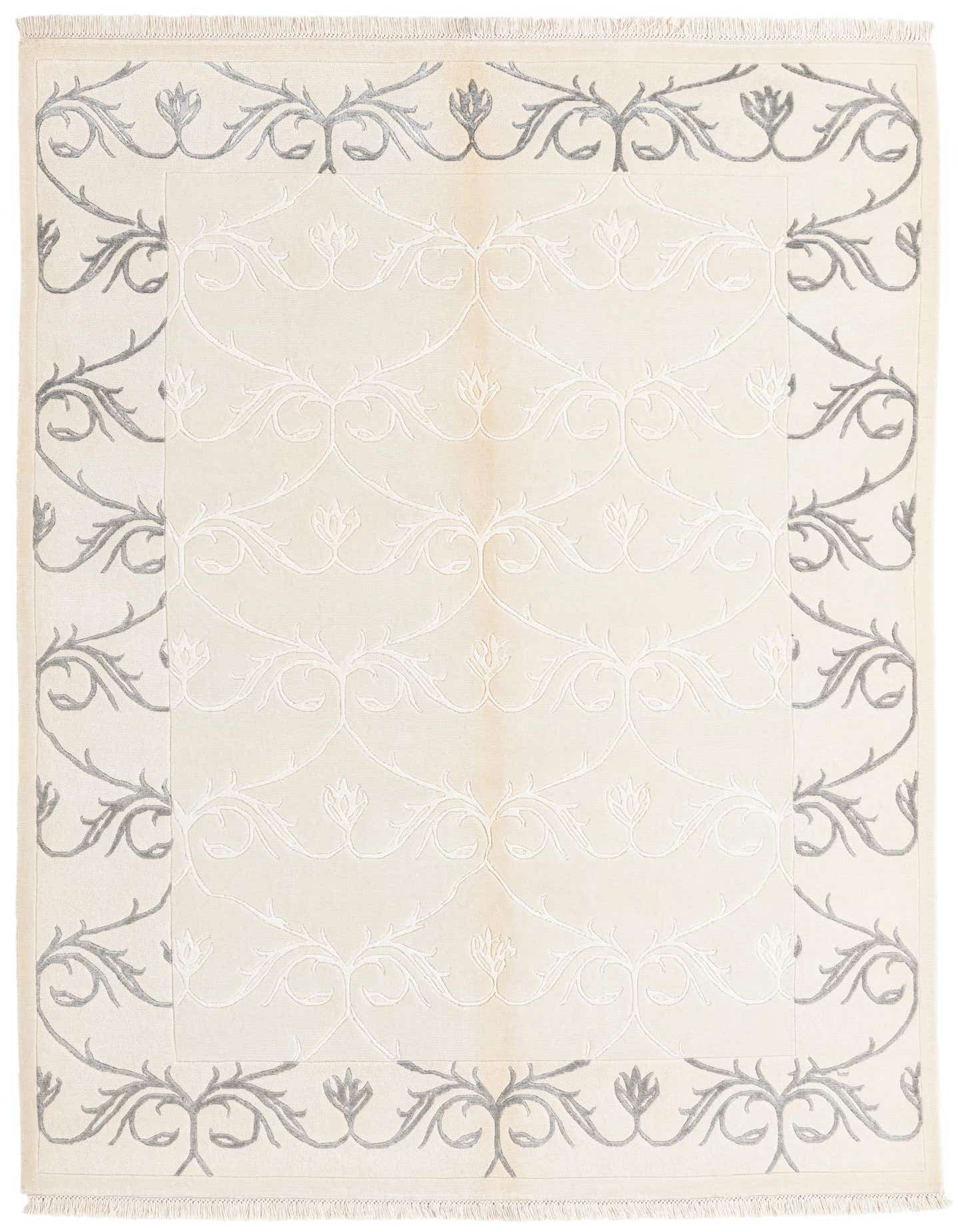 A 5x8 rectangular Darya rug with a cream field and an intricate light brown and ivory floral border.