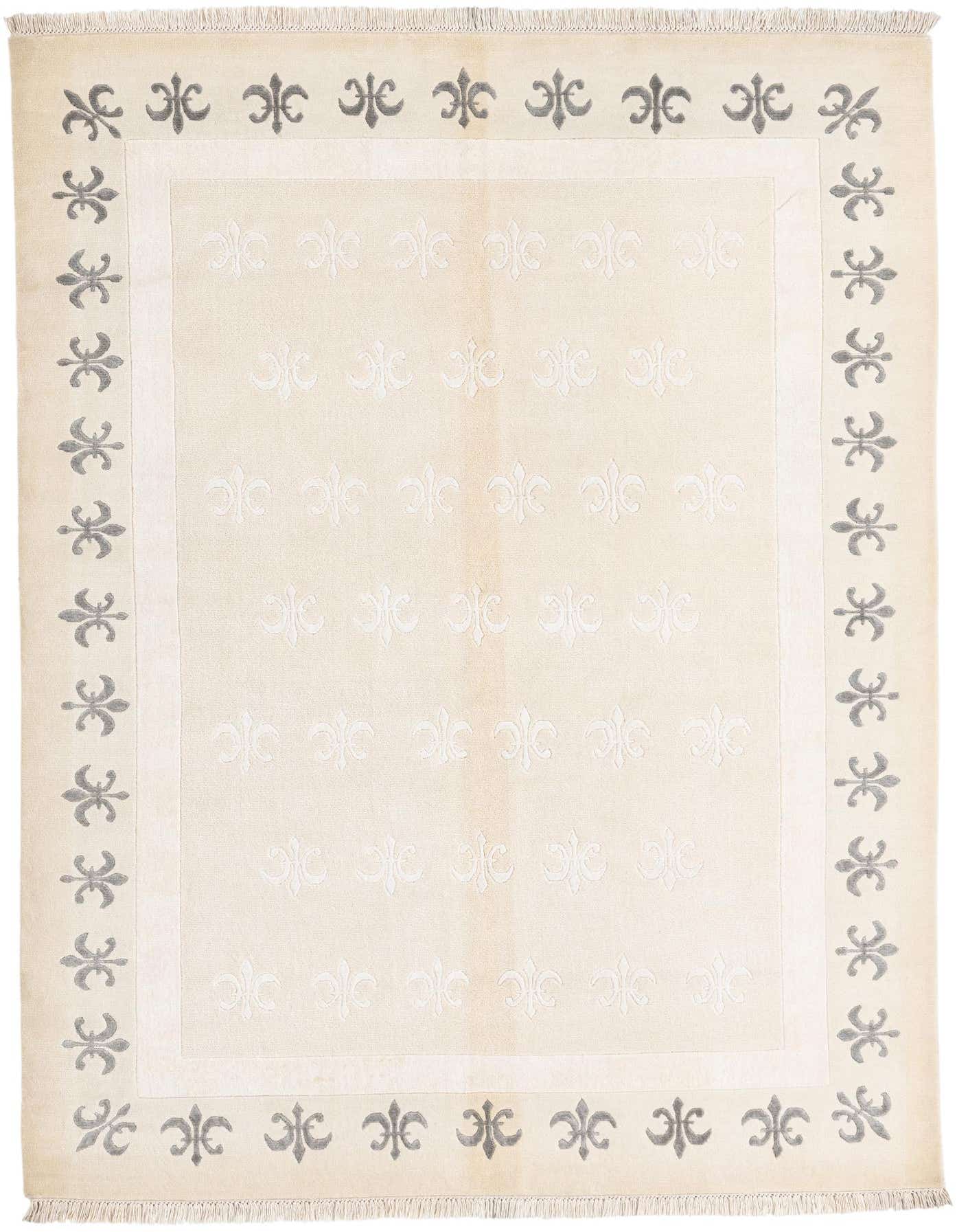 A 5x8 rectangular Darya Collection wool rug in cream and brown with a modern Oriental fleur-de-lis pattern.