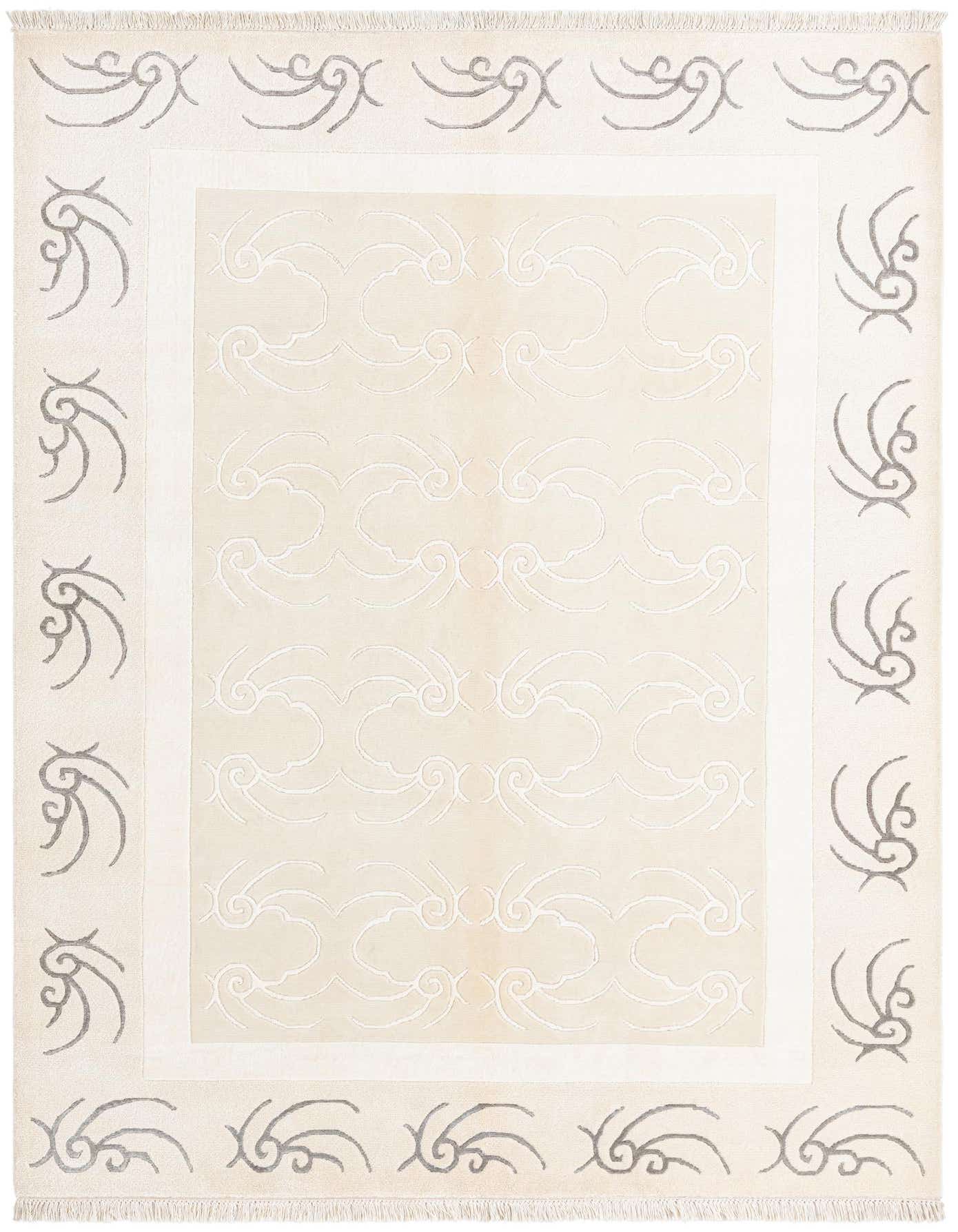 A 5x8 rectangular Darya rug with a cream field and subtle tan oriental pattern, framed by a border of grey scroll motifs.