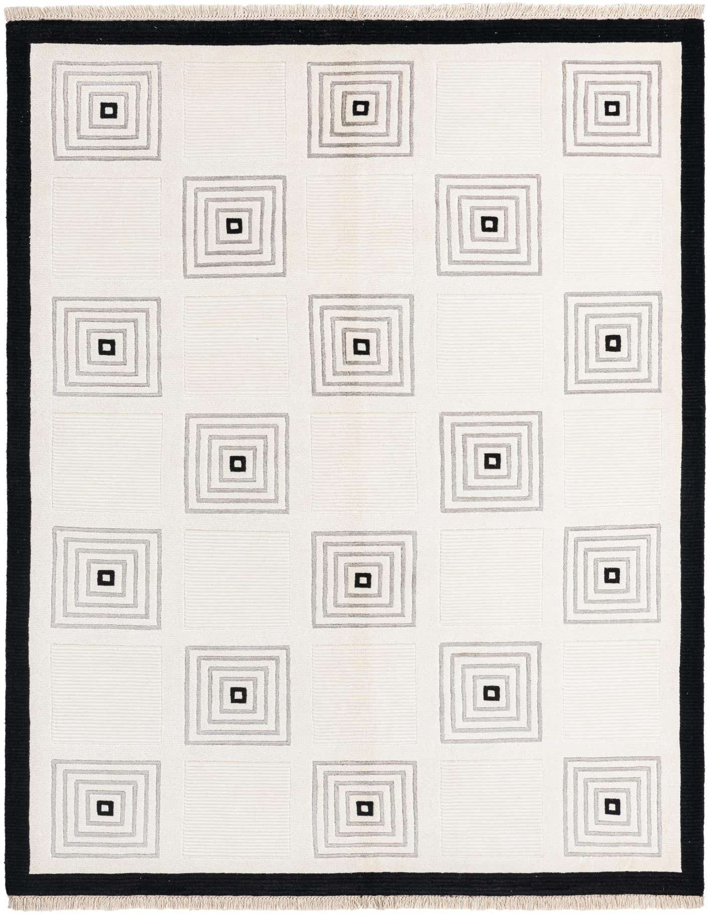 A rectangular 5x8 Darya rug featuring a modern geometric pattern of concentric squares in brown and ivory tones with a dark border.