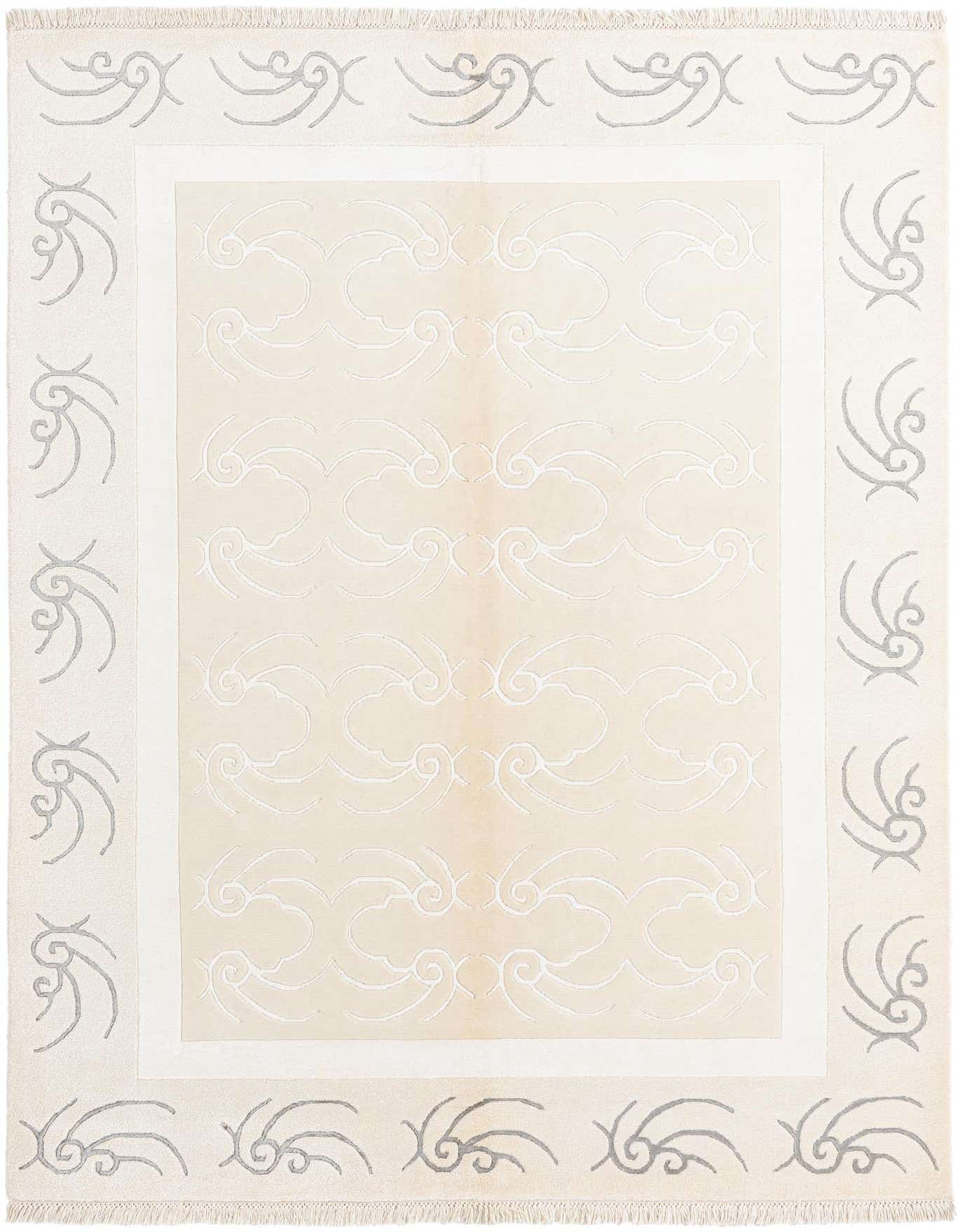 A 5x8 rectangular Darya rug in shades of cream and tan, featuring a modern oriental pattern with swirling motifs, suitable for a living room.