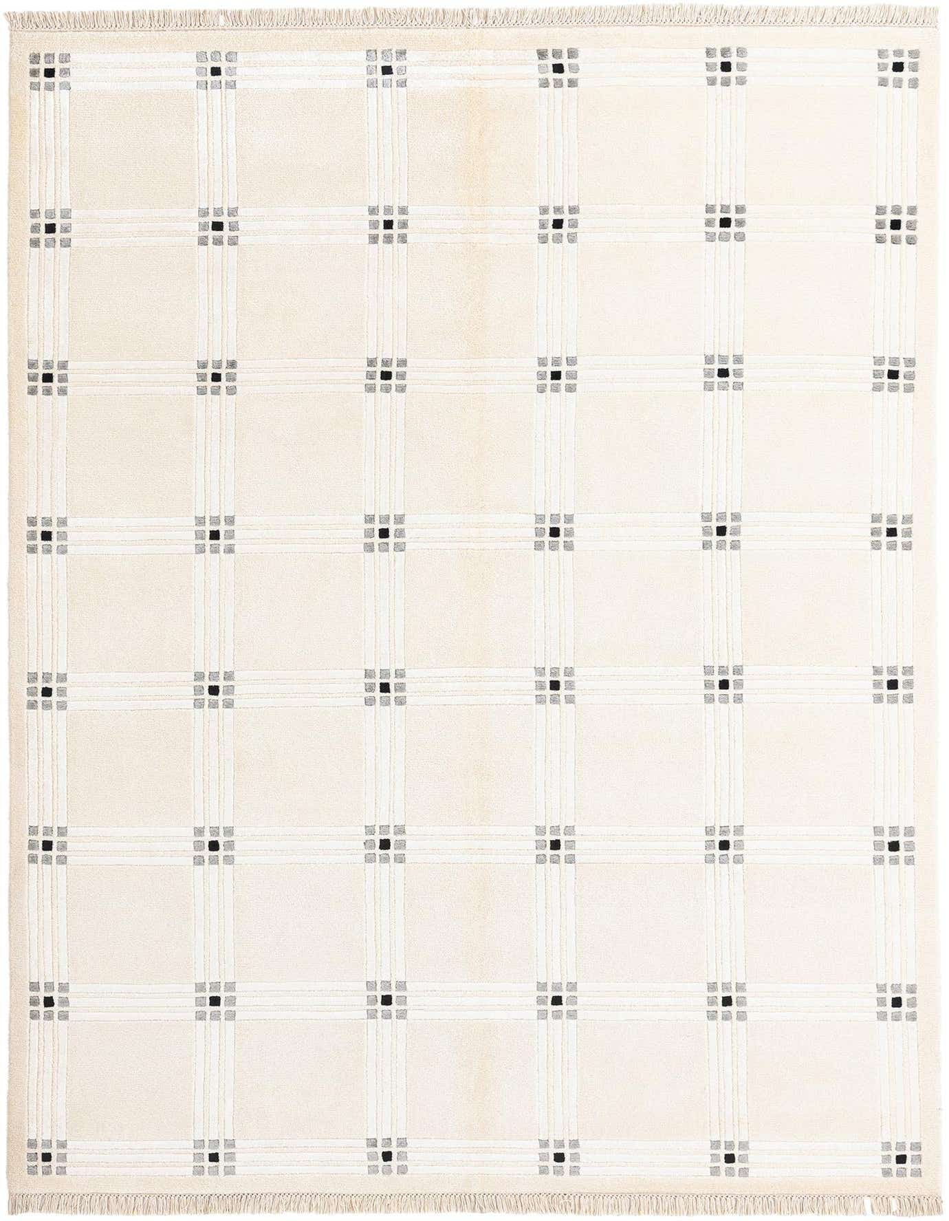 A 5x8 rectangular Darya rug in cream with a modern grid pattern of white, grey, and black squares.