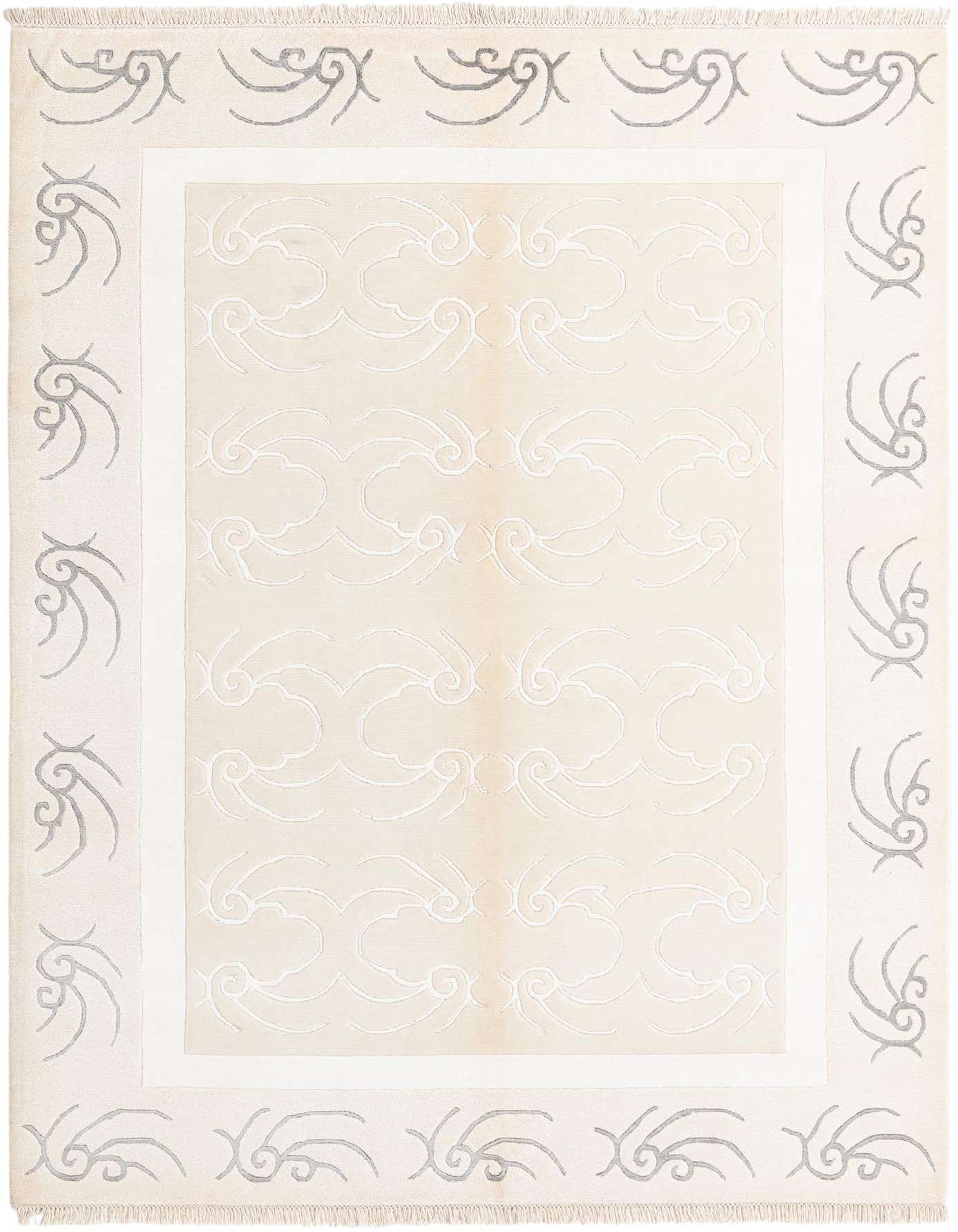 A 5x8 rectangular Darya Collection rug in cream and tan with a modern oriental pattern, featuring a high pile.