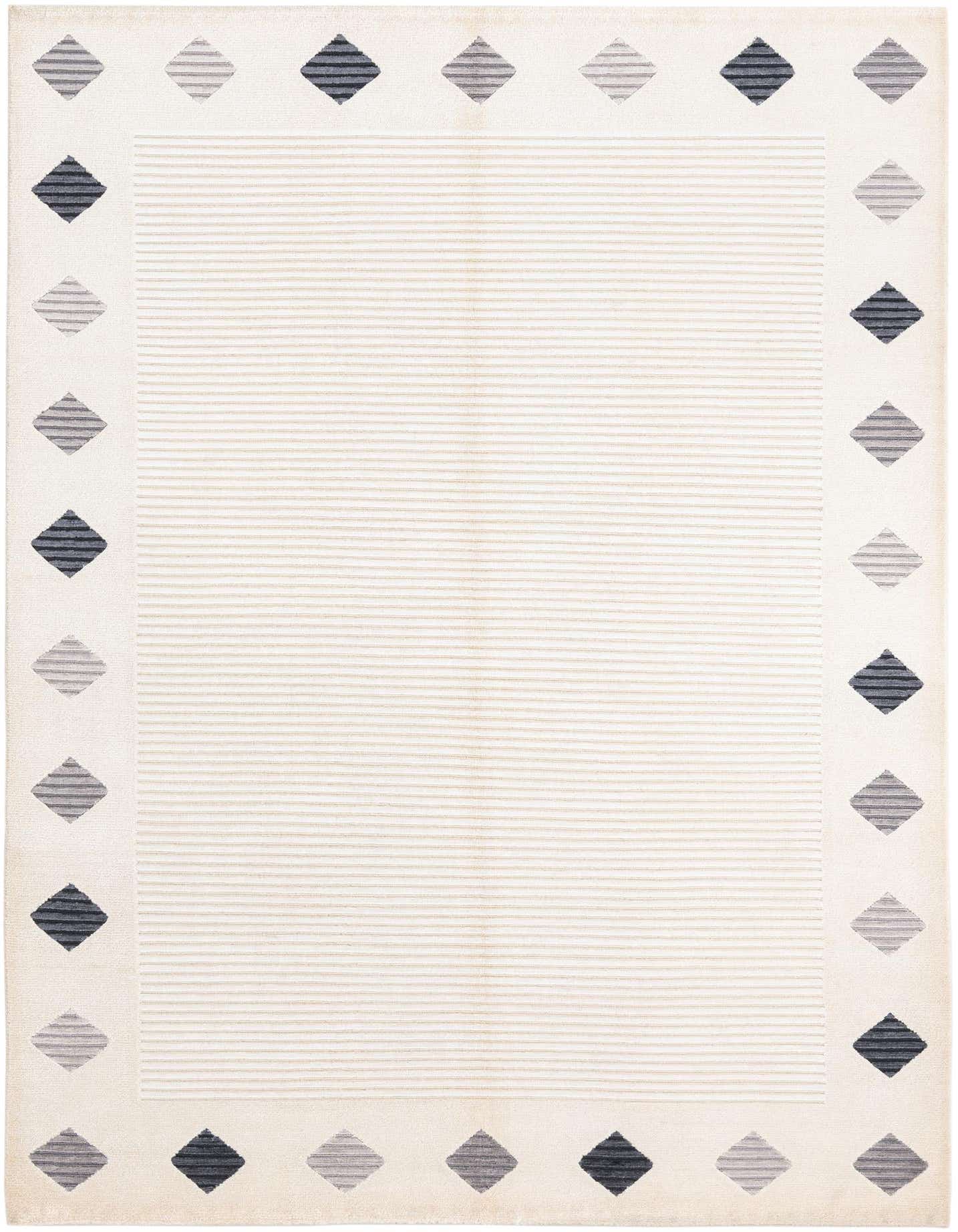 A 5x8 rectangular Darya rug with a cream field and thin horizontal lines, bordered by alternating dark and light gray striped diamond patterns.