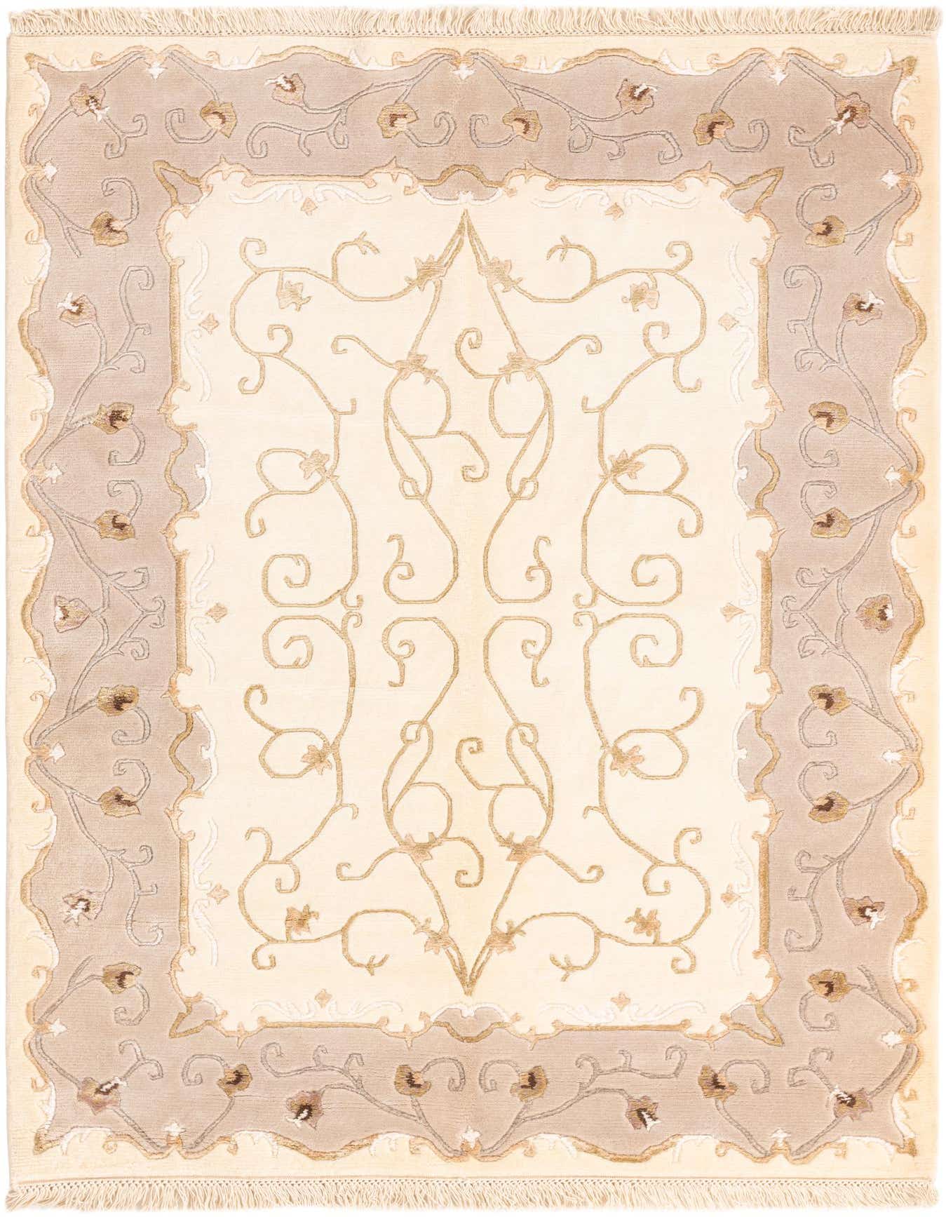 A 4x6 rectangular Darya rug with a cream center and intricate tan and brown floral scrollwork, framed by a taupe border with delicate brown leaf patterns.