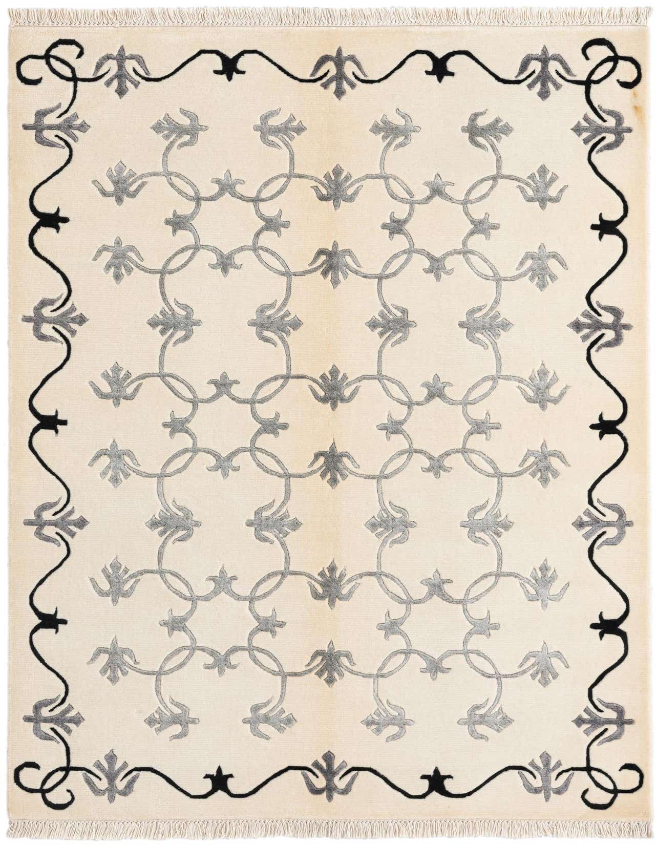 A 4x6 rectangular Darya rug in cream and brown, featuring an elegant modern oriental pattern with a high pile.