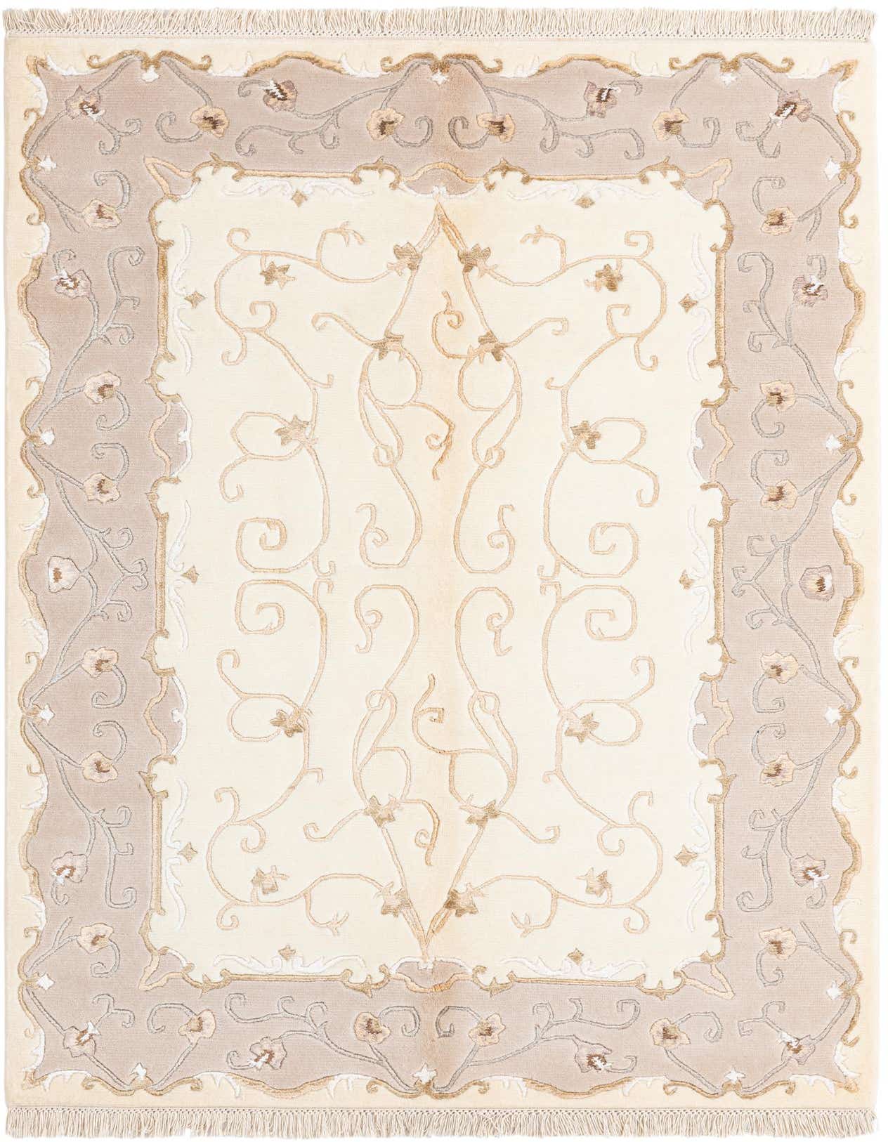 A 4x6 rectangular Darya rug featuring a cream field with ornate tan scrollwork and a wide taupe border with floral vines.