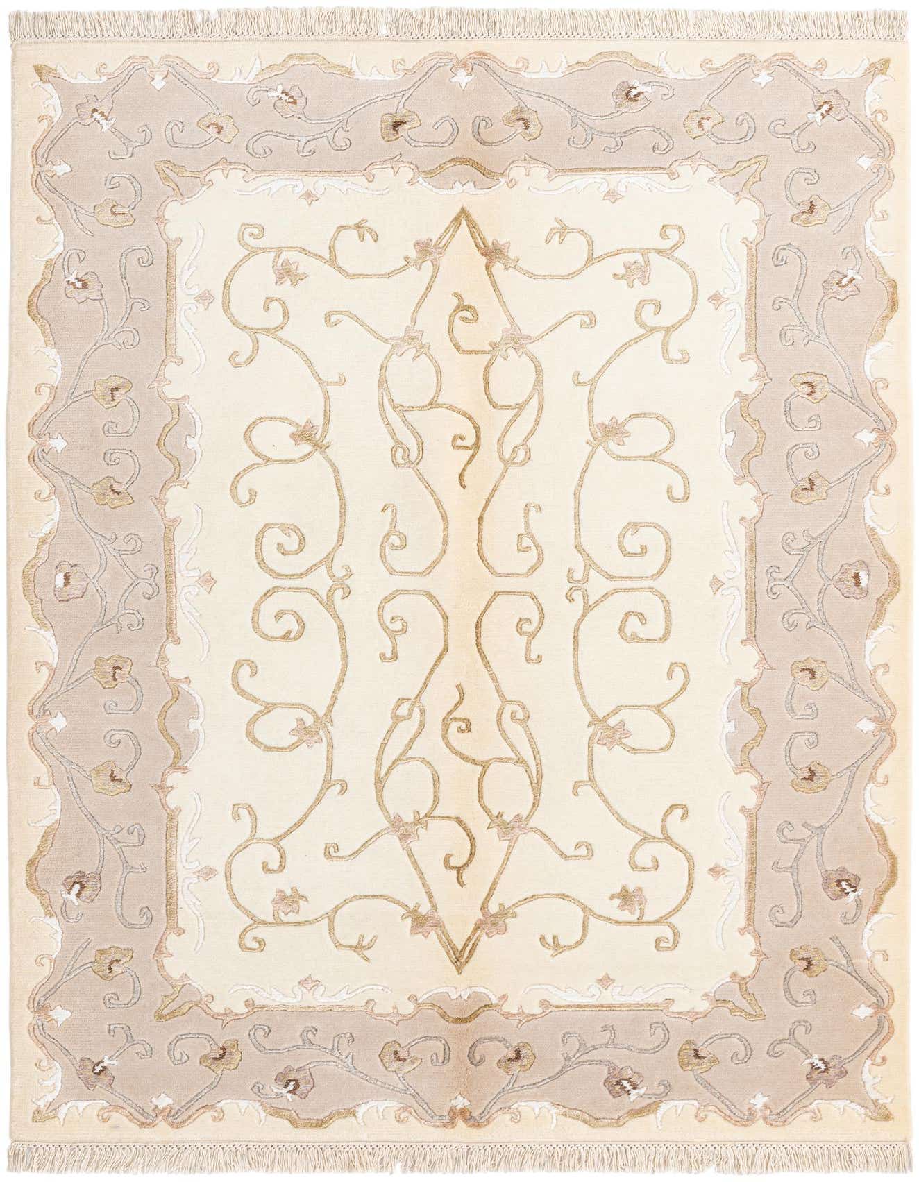 A 4x6 rectangular Darya rug with a cream center and intricate brown and tan floral oriental patterns, featuring a light brown border.