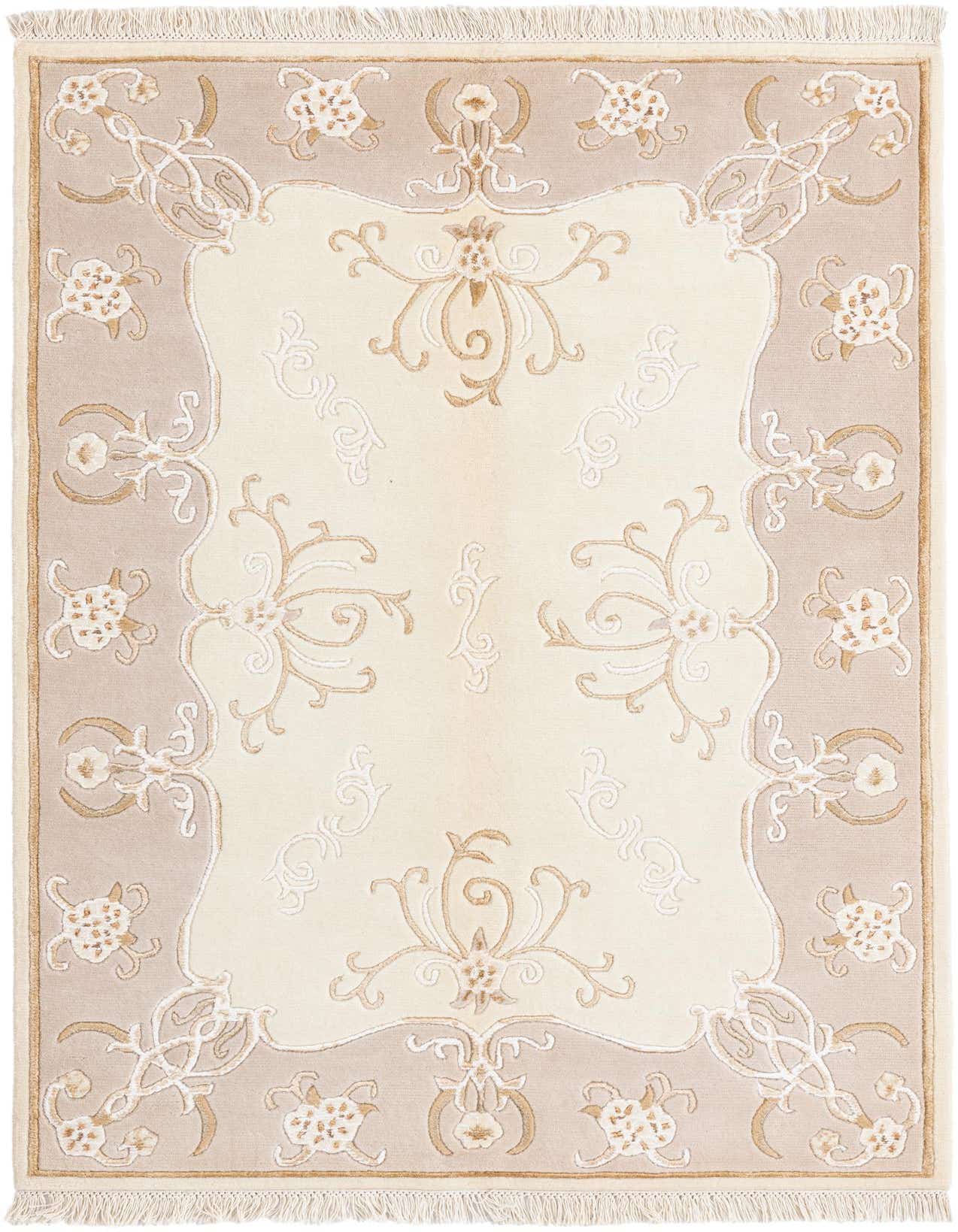 A 4x6 rectangular Darya rug with a high pile, featuring an ivory center and a tan border with intricate brown and cream oriental patterns.