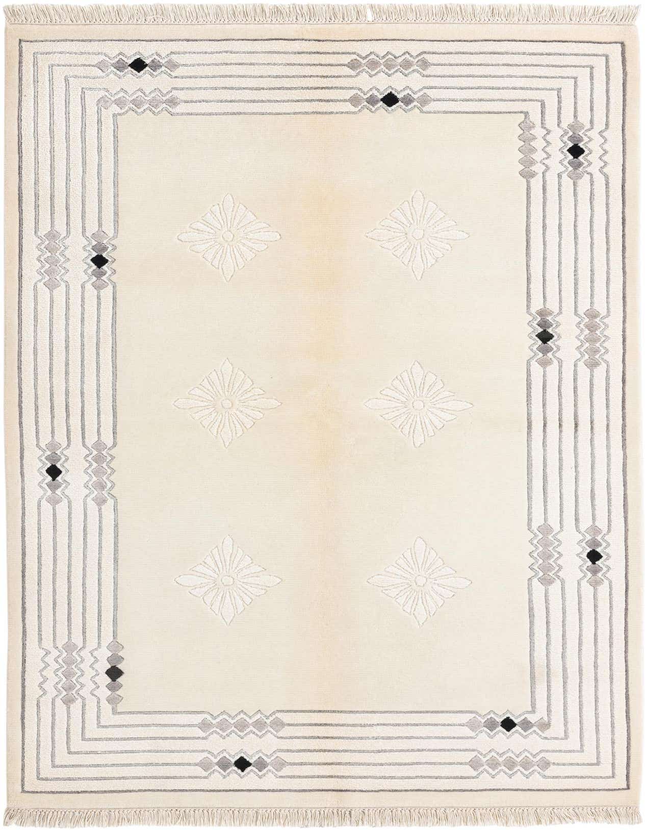 A 4x6 rectangular Darya rug with a cream field, gray geometric border, and subtle floral medallions.