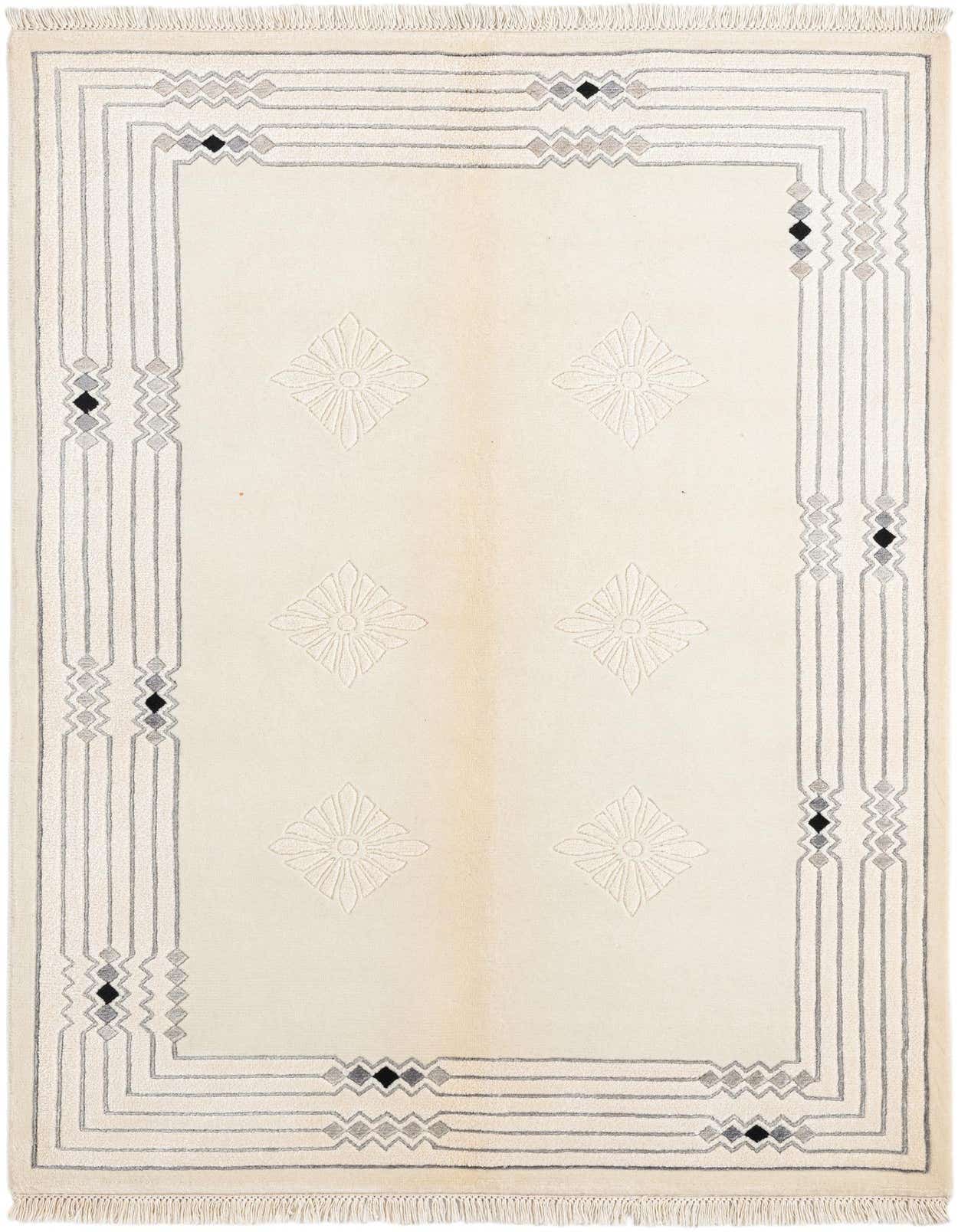 A 4x6 rectangular Darya rug in cream and brown wool, featuring a modern oriental pattern with a geometric border and floral motifs.