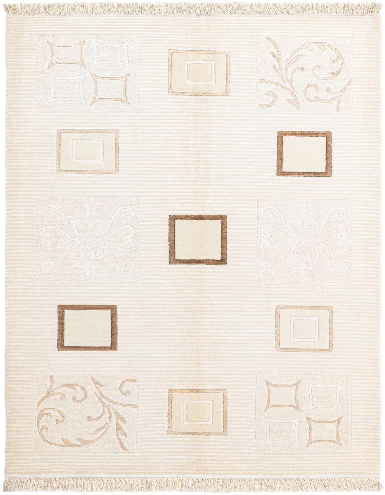 A rectangular 4x6 Darya wool rug with a modern oriental pattern in ivories, creams, and browns, featuring varied geometric and scroll motifs.