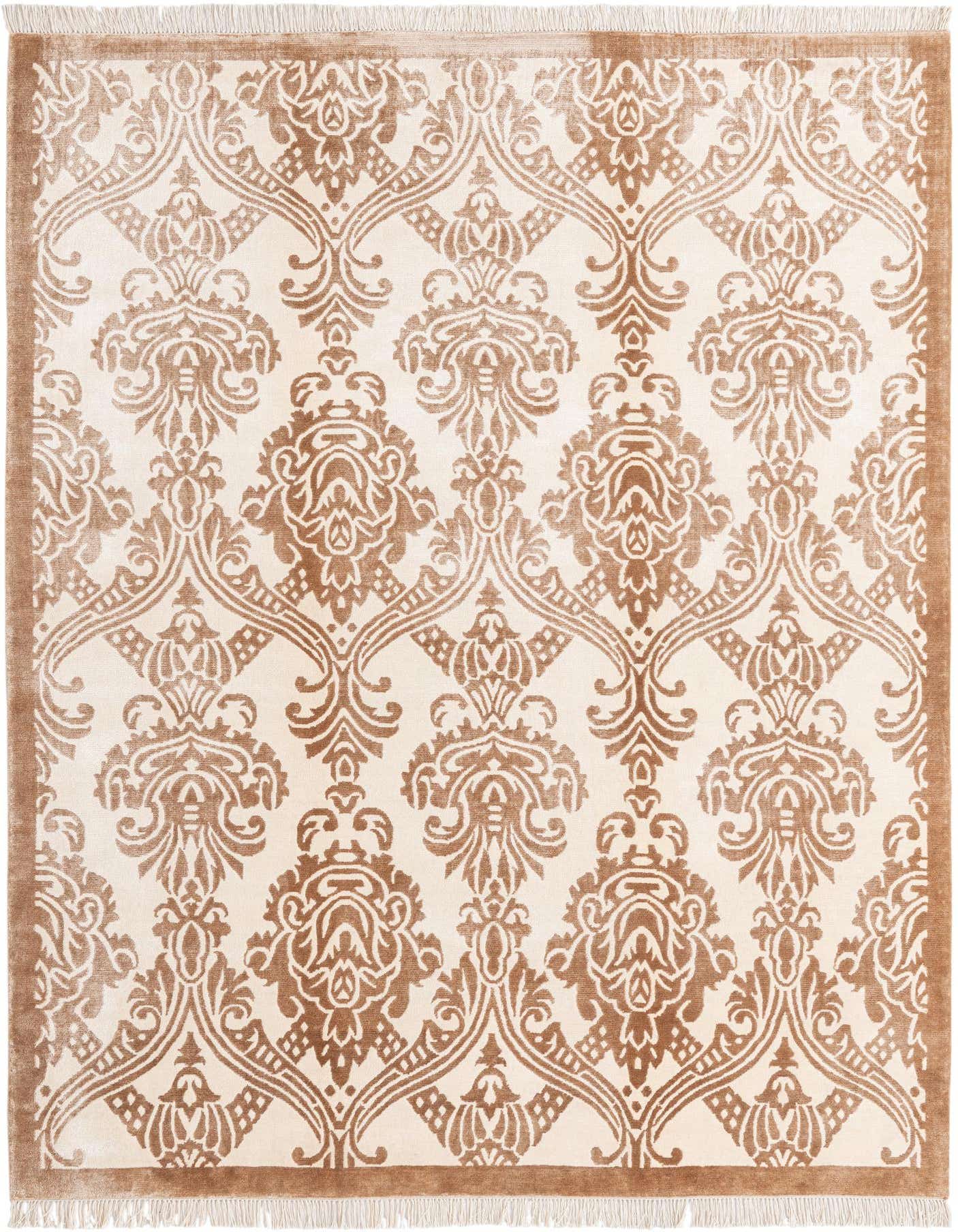 A 5x8 rectangular Darya rug with a high pile, featuring an elegant brown and cream oriental pattern.