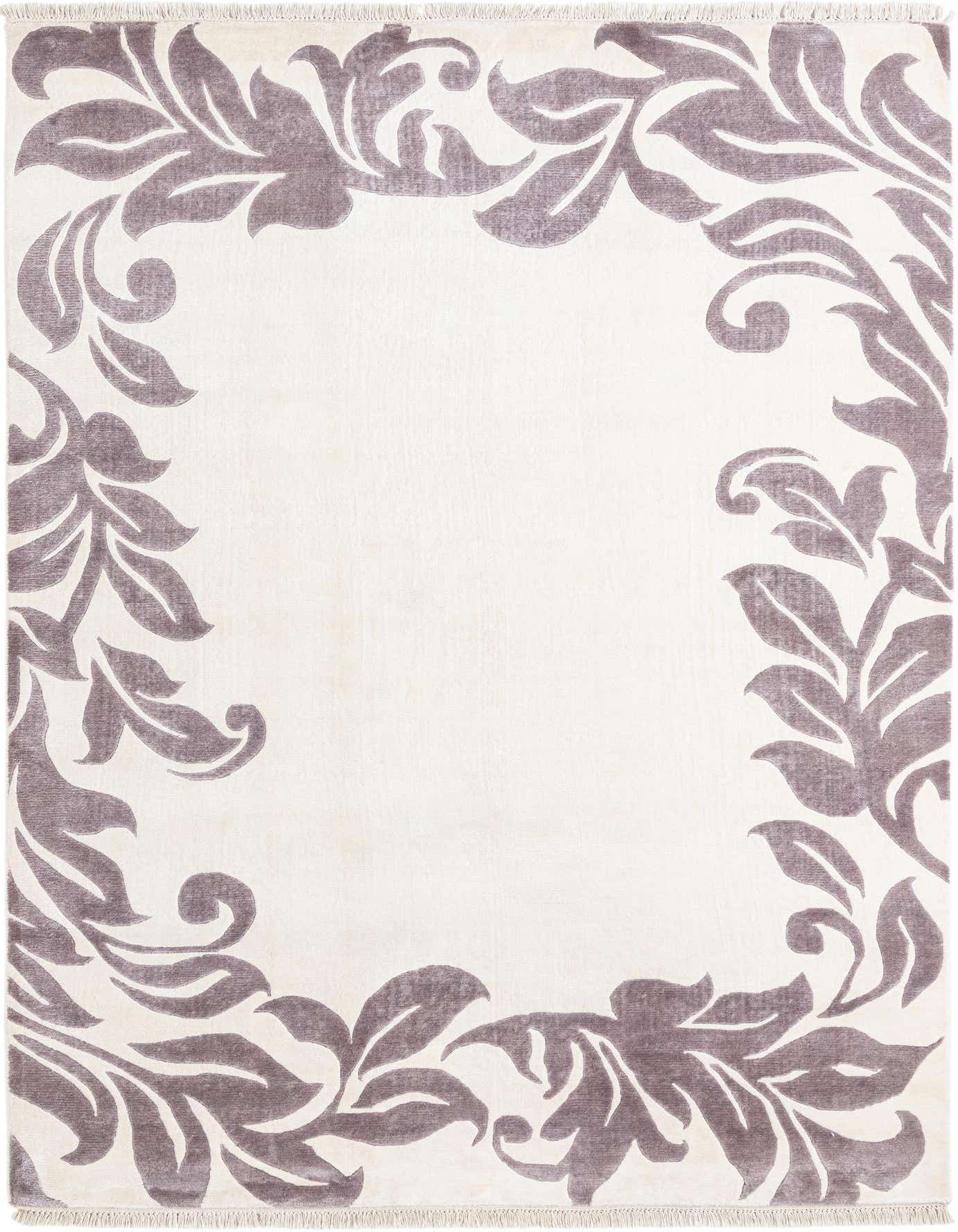 A 5x8 rectangular Darya rug with a cream center and a border of large, modern oriental brown leaves.