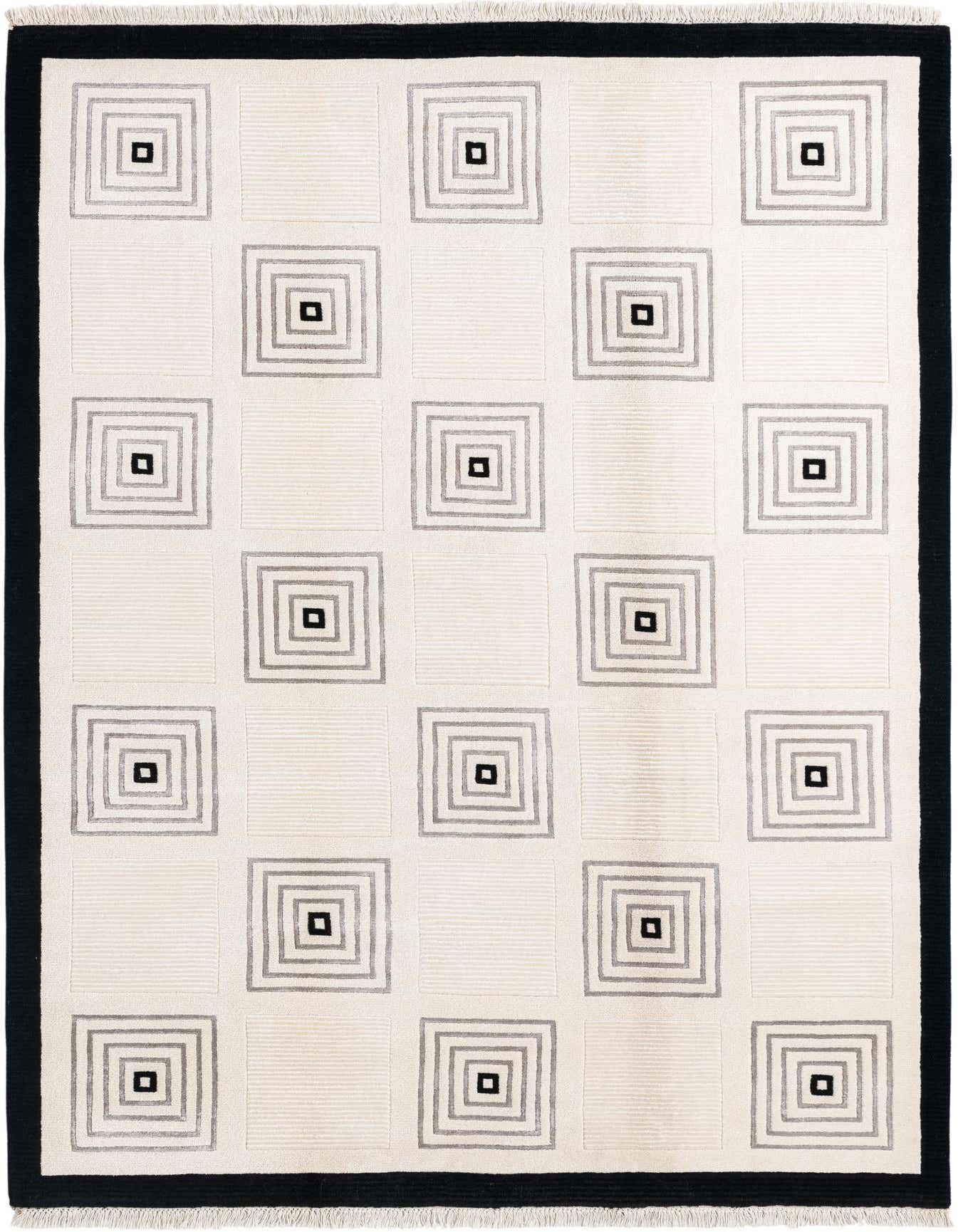 A 5x8 rectangular Darya rug with a modern geometric pattern. It features a cream background with a black border and repeating concentric squares in gray and black.