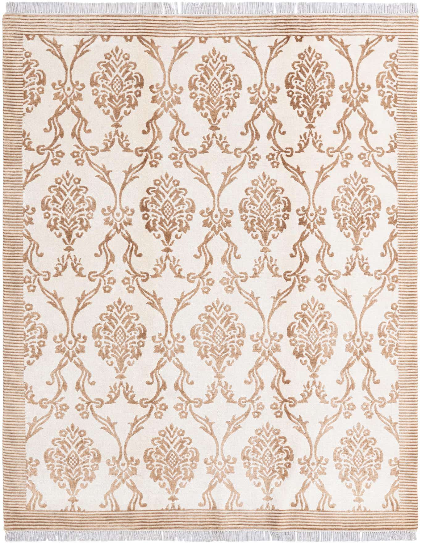 A 5x8 rectangular Darya rug with a modern oriental pattern in shades of brown and ivory, featuring a high pile and fringe.