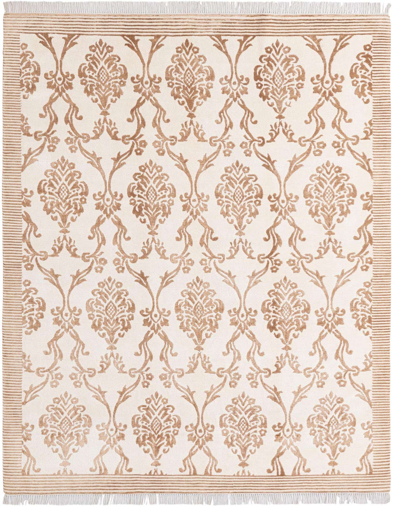 A 5x8 rectangular wool rug with a high pile, featuring an ivory background and a repeating brown modern oriental pattern, with a striped border and fringe.