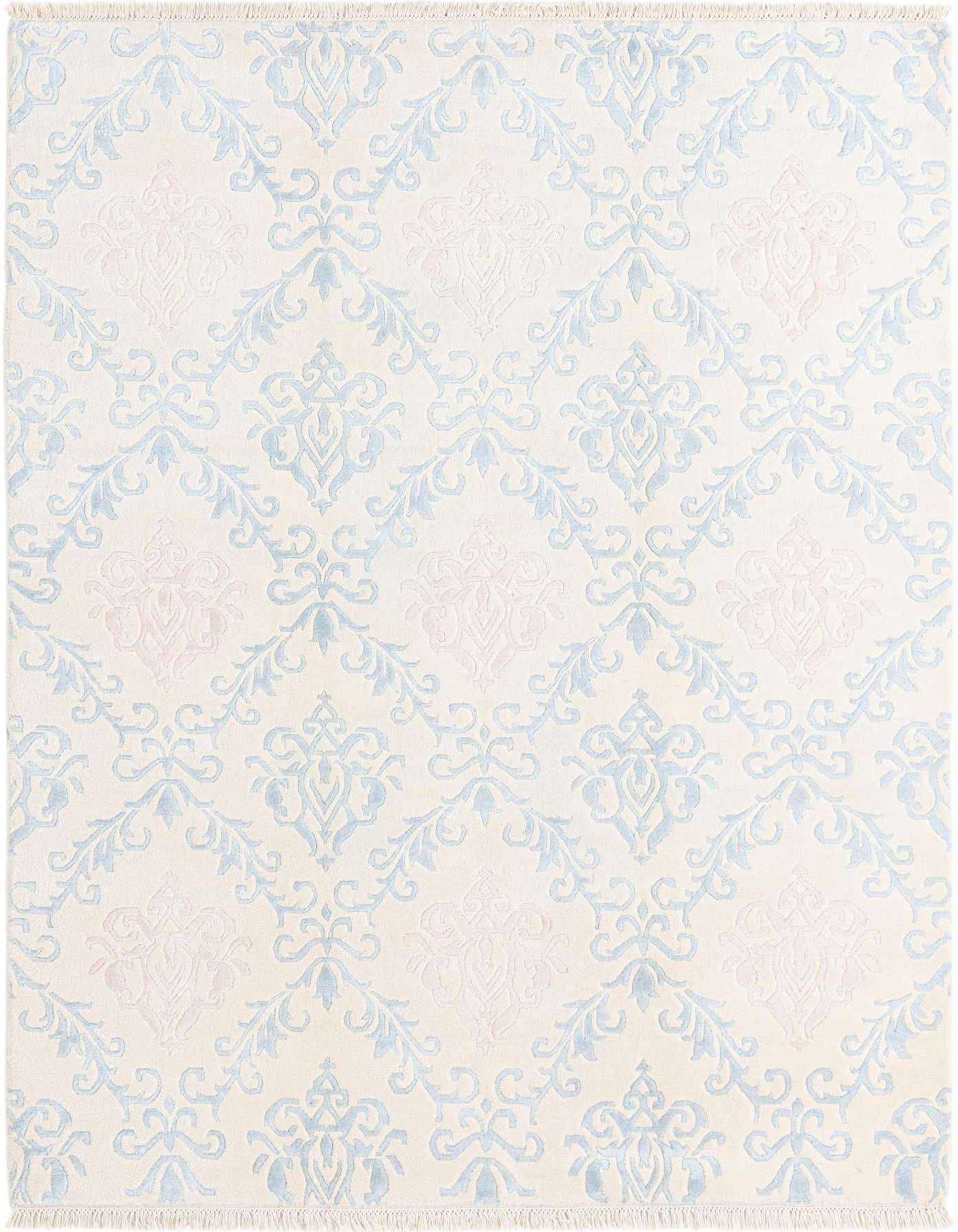 A 5x8 rectangular Darya rug with a cream background and a repeating light blue and pink modern oriental pattern.