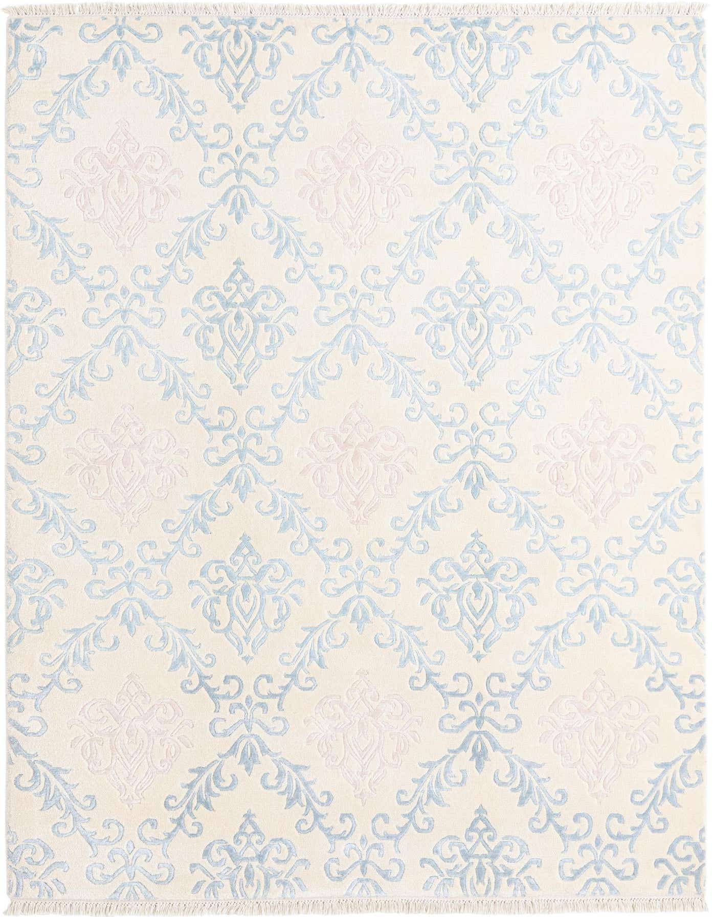 A rectangular 5x8 Darya rug featuring an ivory background with light blue and blush pink modern oriental patterns, suitable for a living room.