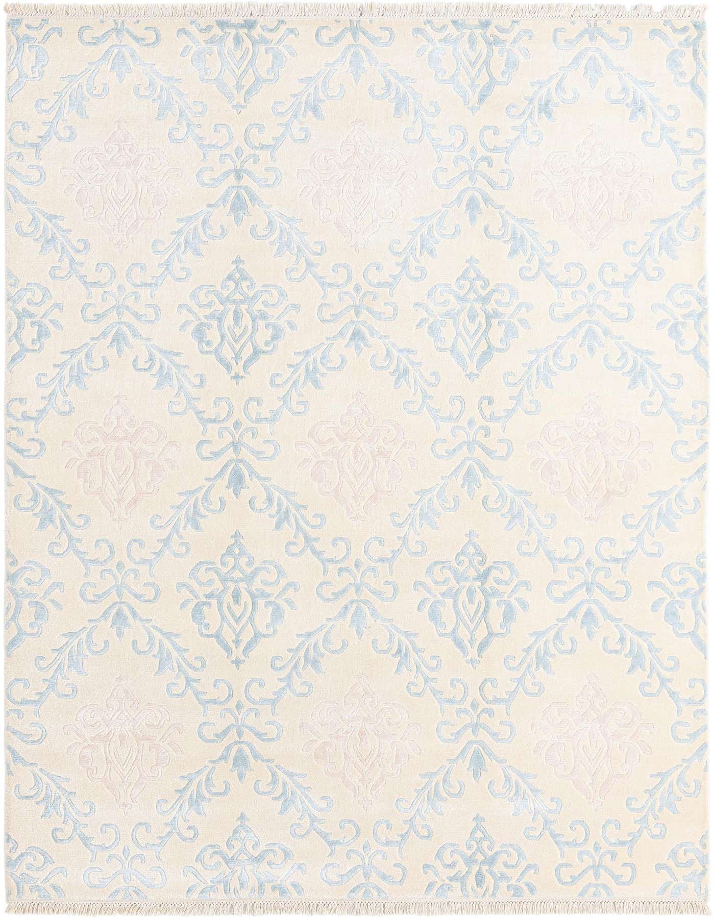 A rectangular 5x8 Darya rug featuring a cream background with light blue and subtle pink modern oriental patterns, suitable for a living room.