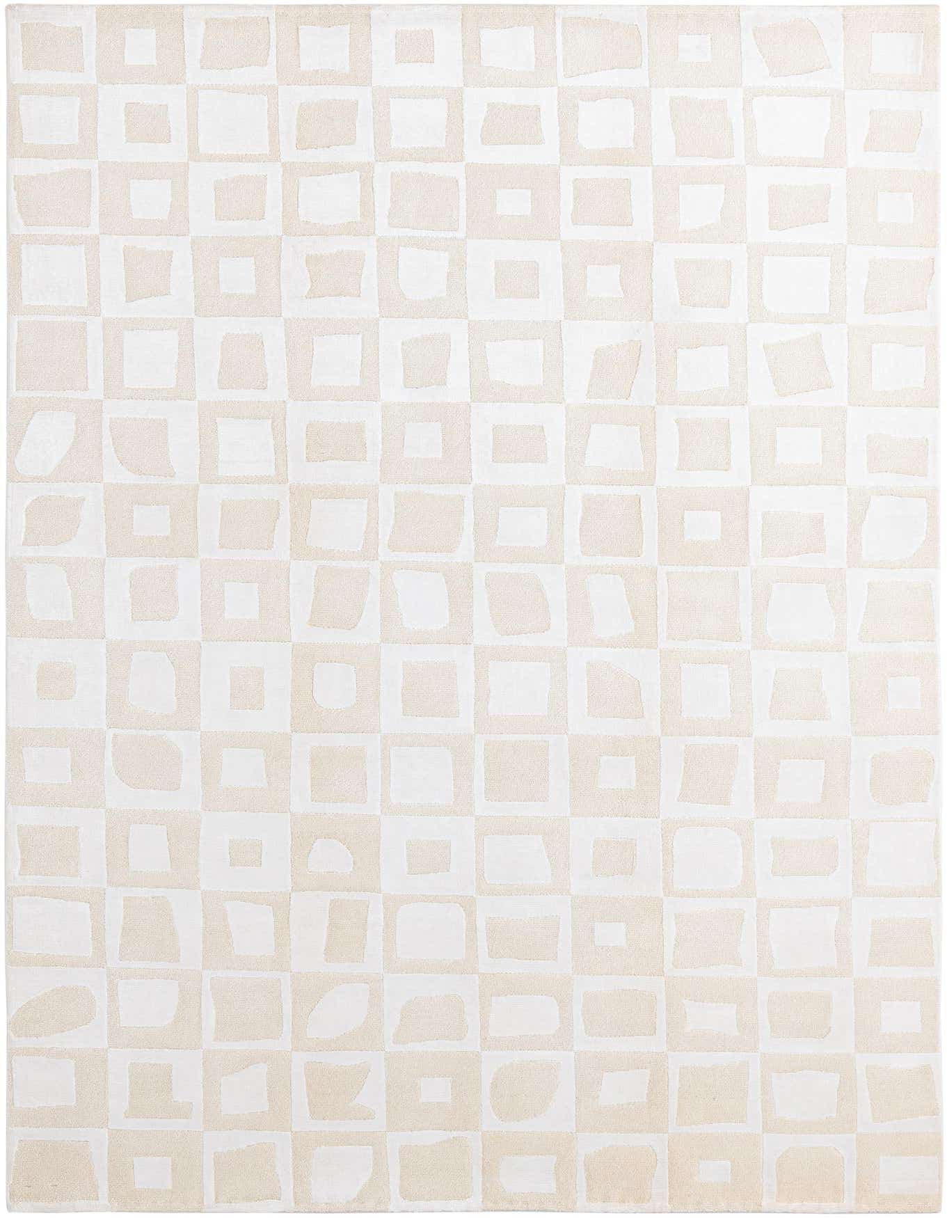 A 5x8 rectangular wool rug with a modern checkerboard pattern in varying shades of brown, tan, and ivory.
