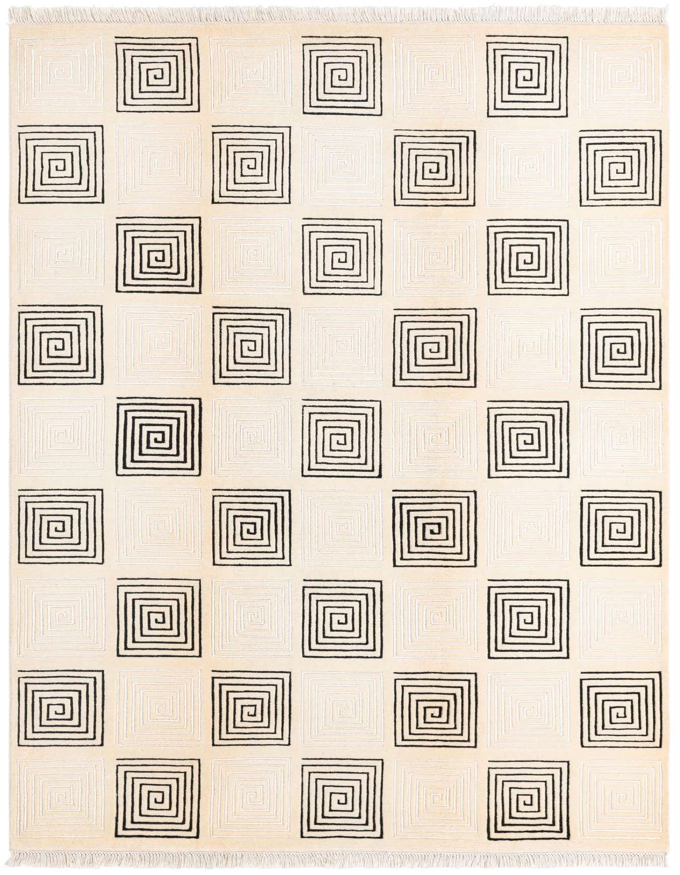 A 5x8 rectangular Darya rug with a modern spiral square pattern in brown and cream, featuring a high pile.