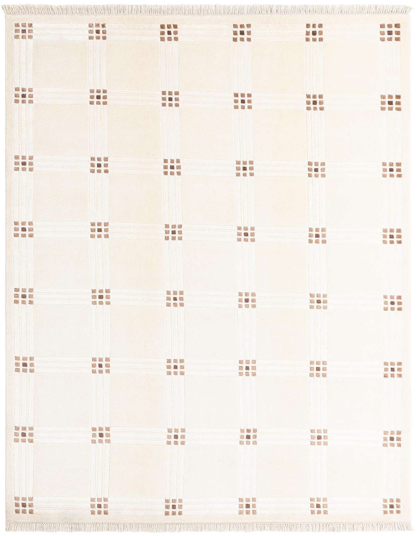 A 5x8 rectangular Darya rug in cream and brown, featuring a modern grid pattern with small brown squares at intersections.