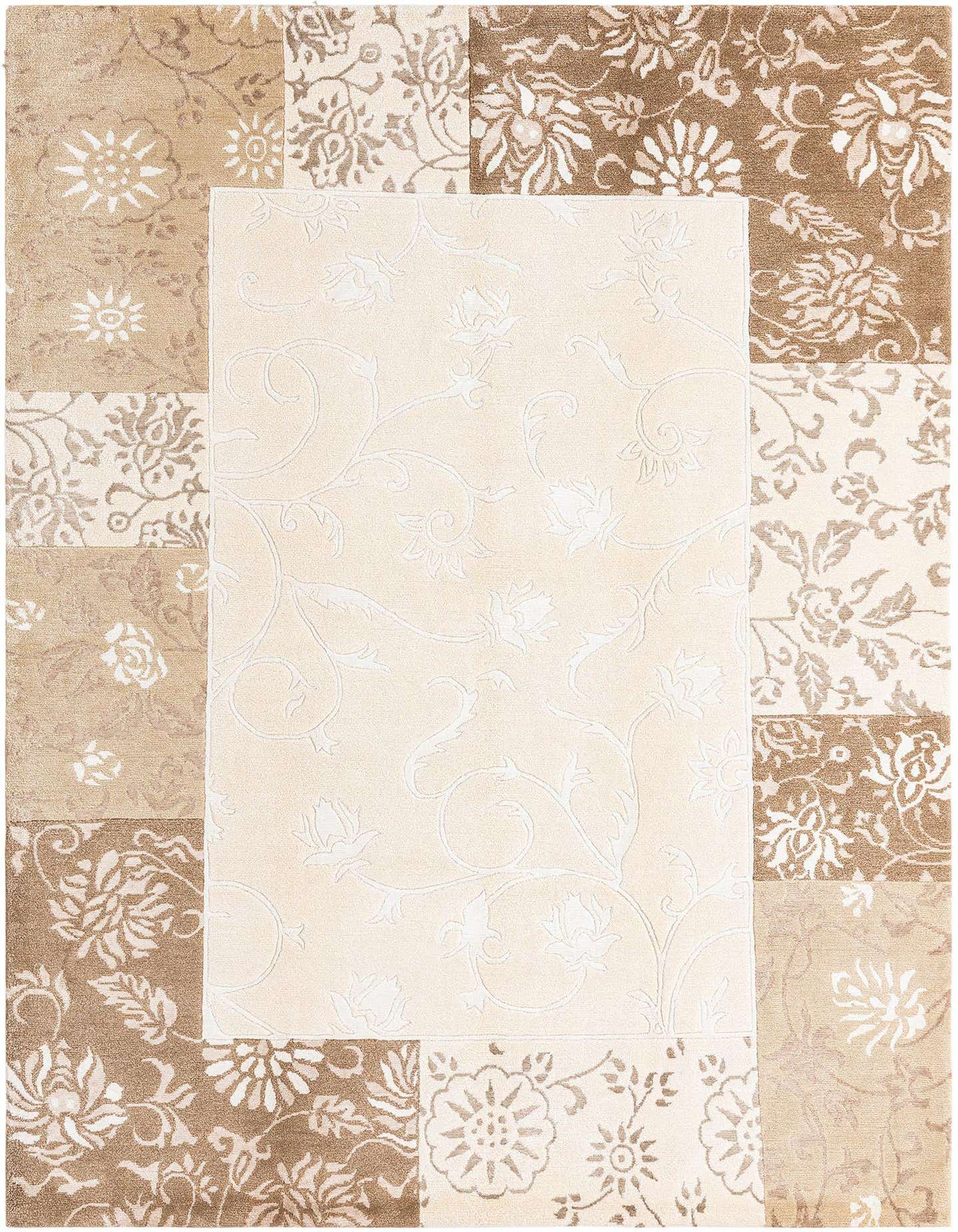 A 5x8 rectangular Darya rug featuring a modern Persian design with a central ivory panel and a border of brown and tan floral patterned squares.