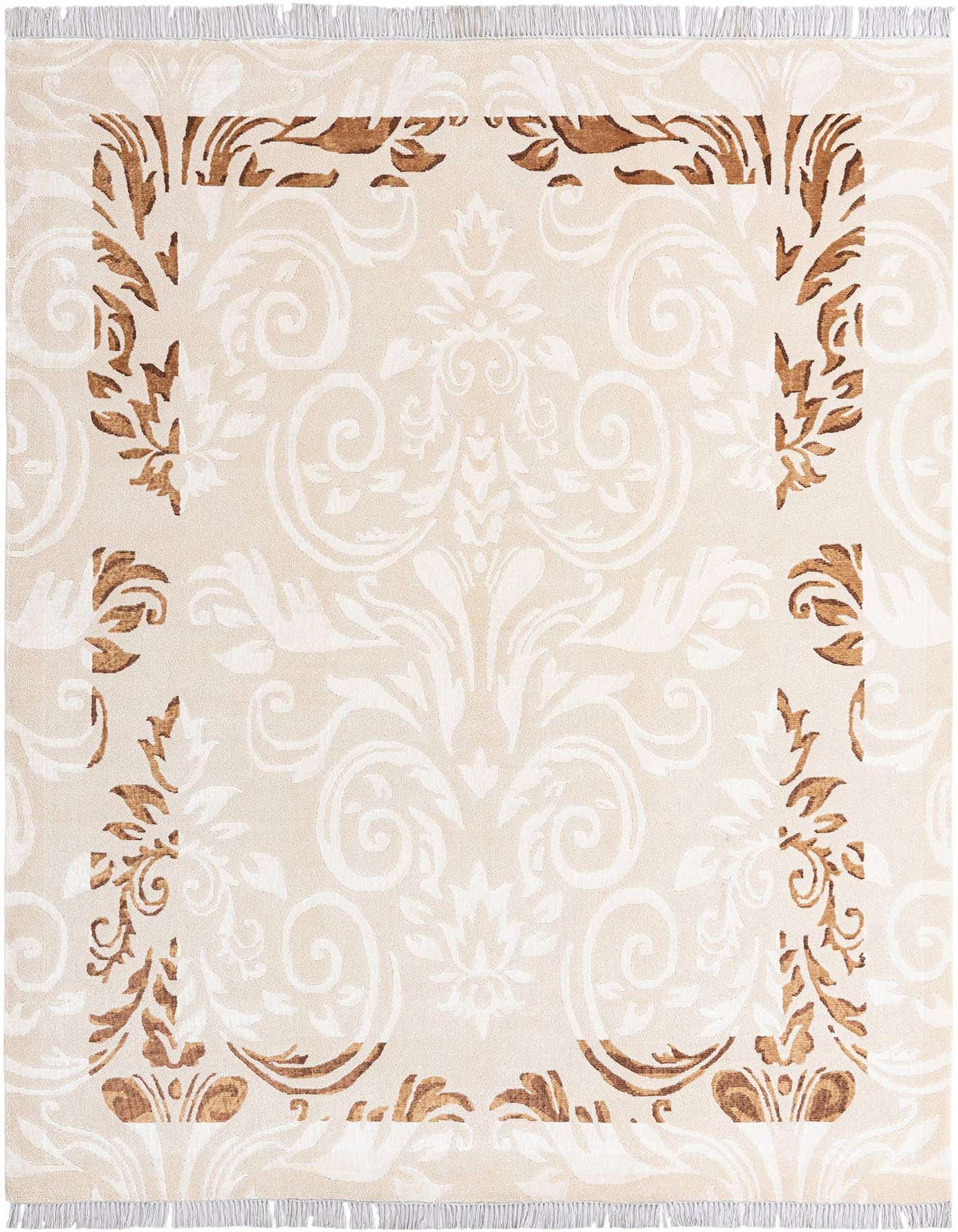 A 5x8 rectangular Darya rug with a modern Persian pattern in brown, tan, and ivory, featuring a high pile and fringe.