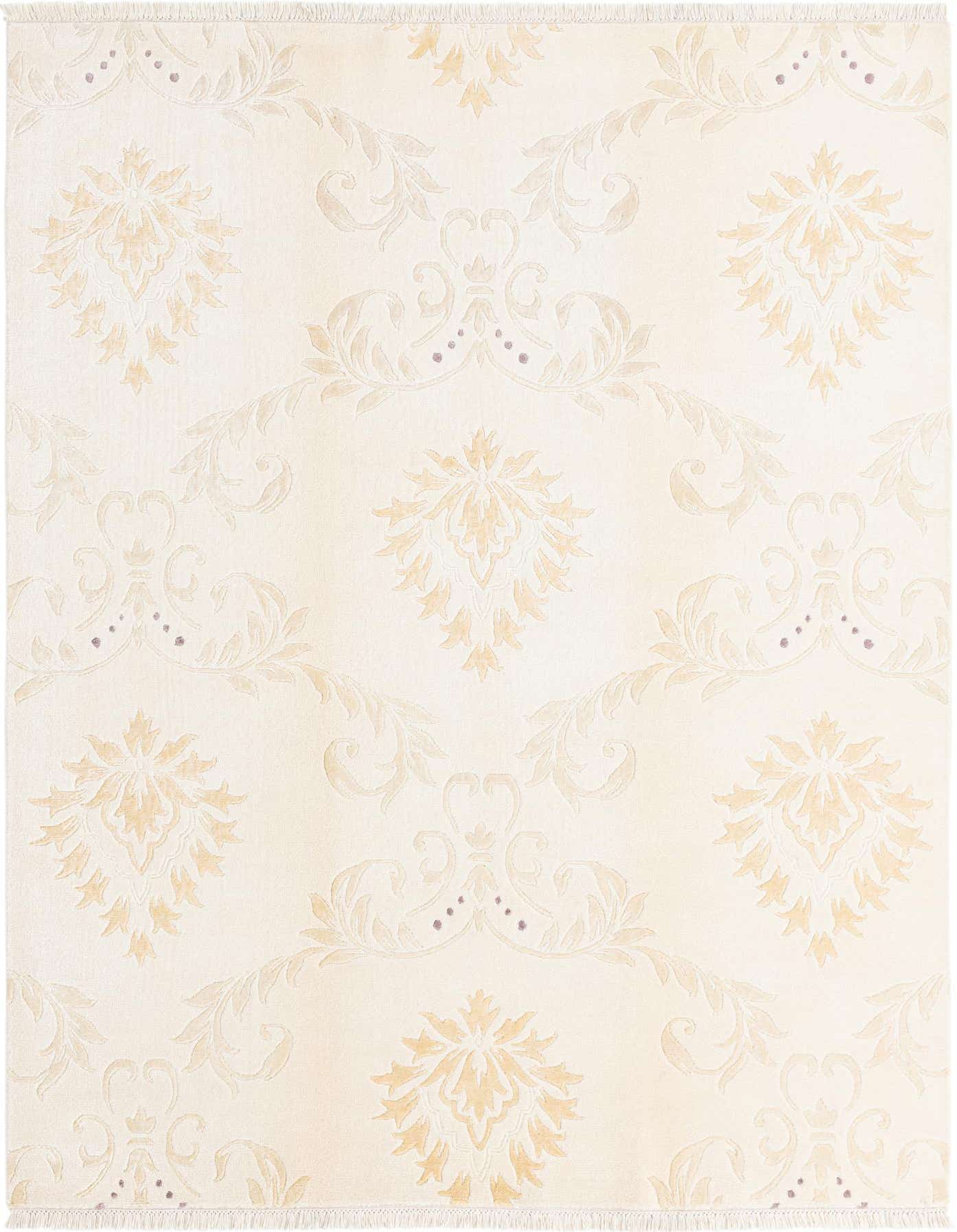 A 5x8 rectangular Darya rug in cream and tan with a modern floral and scroll pattern, featuring a high pile.