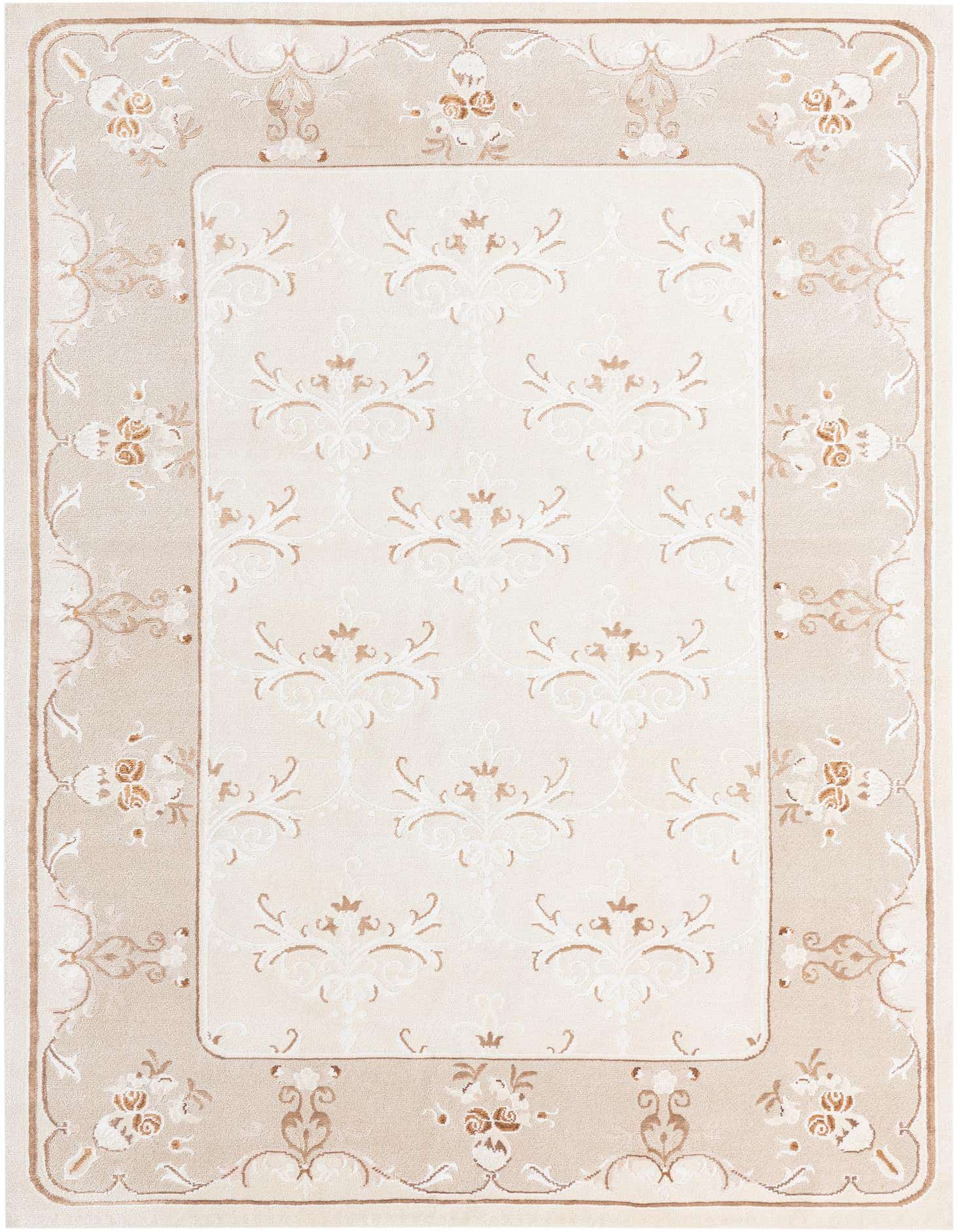 A 5x8 rectangular Darya rug in shades of brown, tan, and cream, featuring a modern floral and scroll pattern.