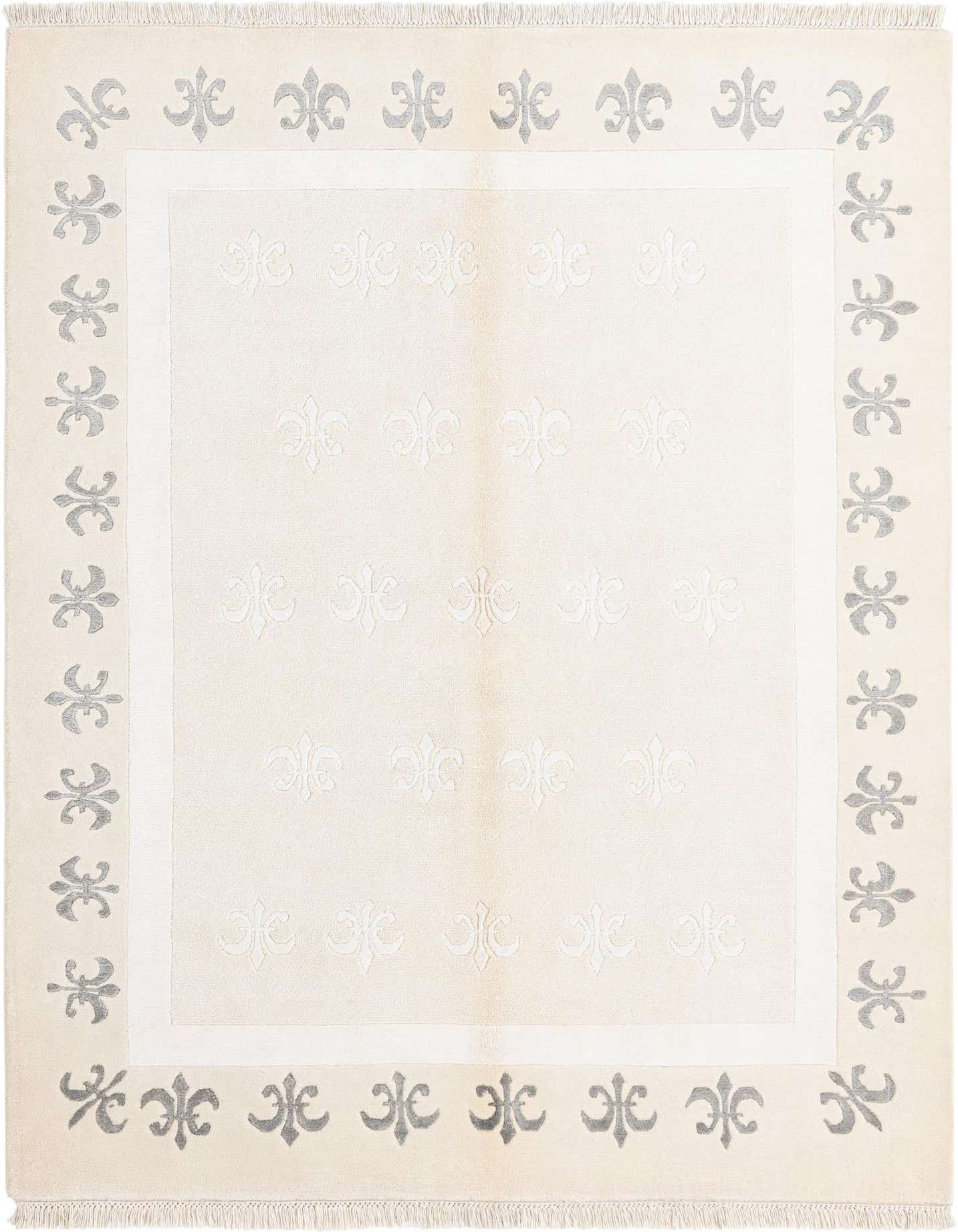 A 4x6 rectangular cream and tan rug with a subtle central fleur-de-lis pattern and a bold gray fleur-de-lis border.