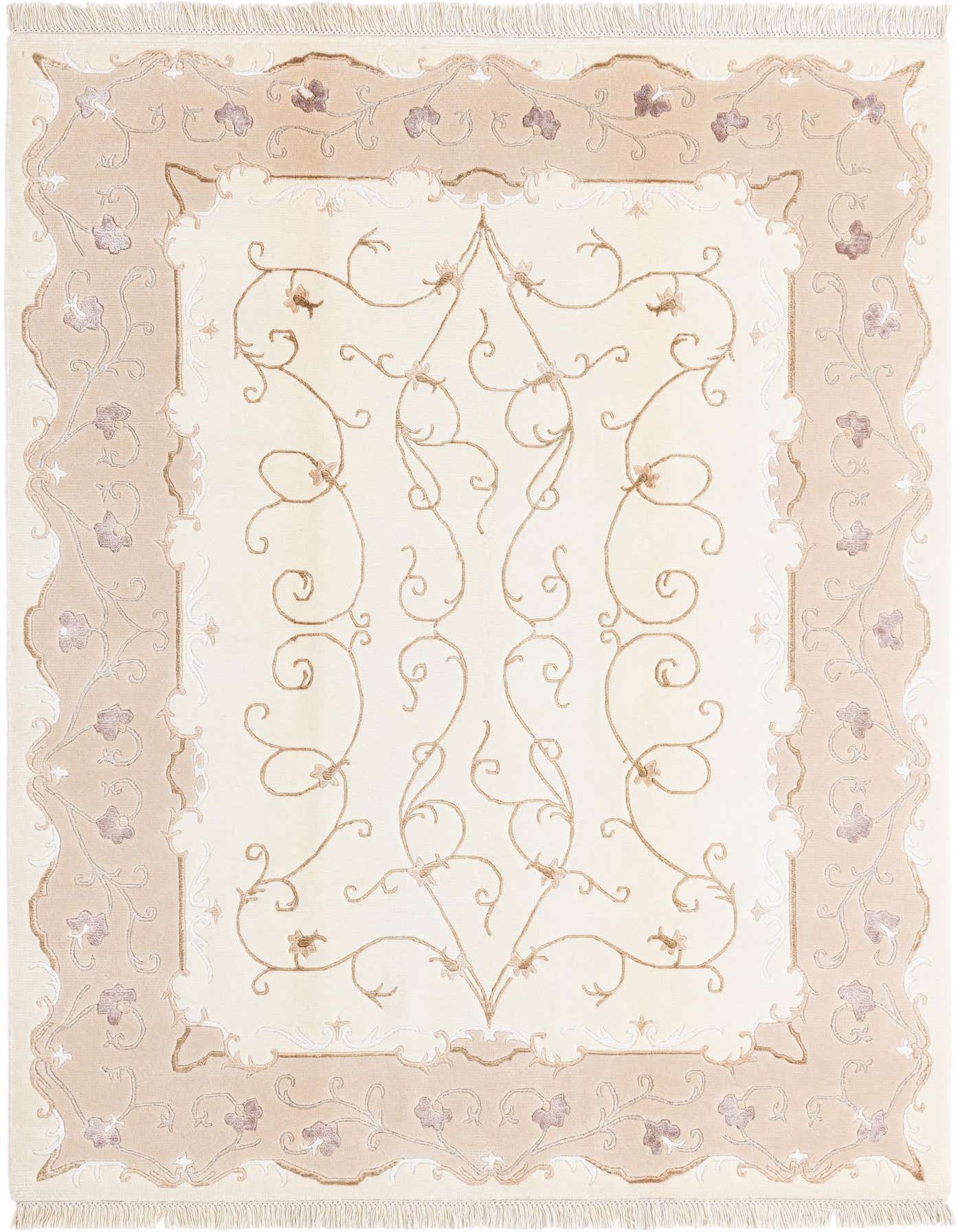 A 4x6 rectangular Darya rug in cream and tan with a modern Persian floral and vine pattern, handmade from wool and cotton.