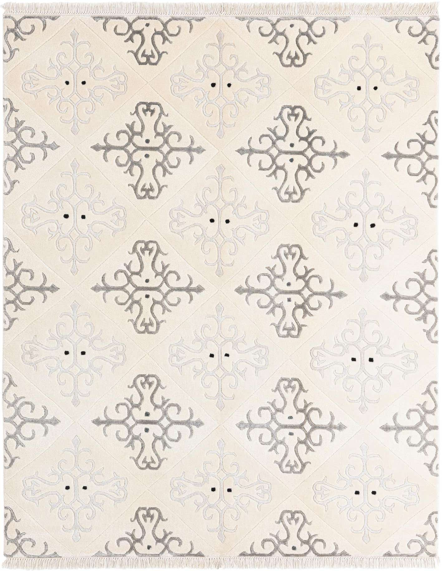 A 4x6 rectangular Darya rug with an ivory background and a repeating modern Persian pattern in light and dark brown tones.
