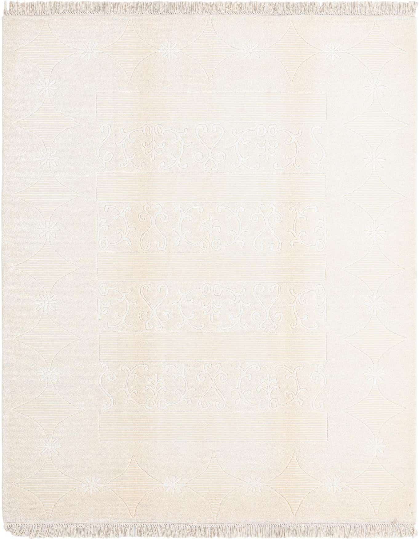 A 4x6 rectangular Darya collection rug in ivory and cream with a subtle modern Persian pattern, featuring alternating striped and floral-scroll bands.