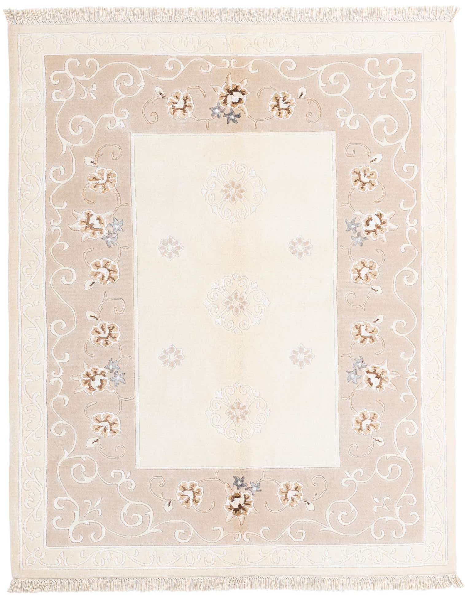 A 4x6 rectangular Darya rug with a modern Persian pattern in brown, tan, and ivory, featuring floral motifs.