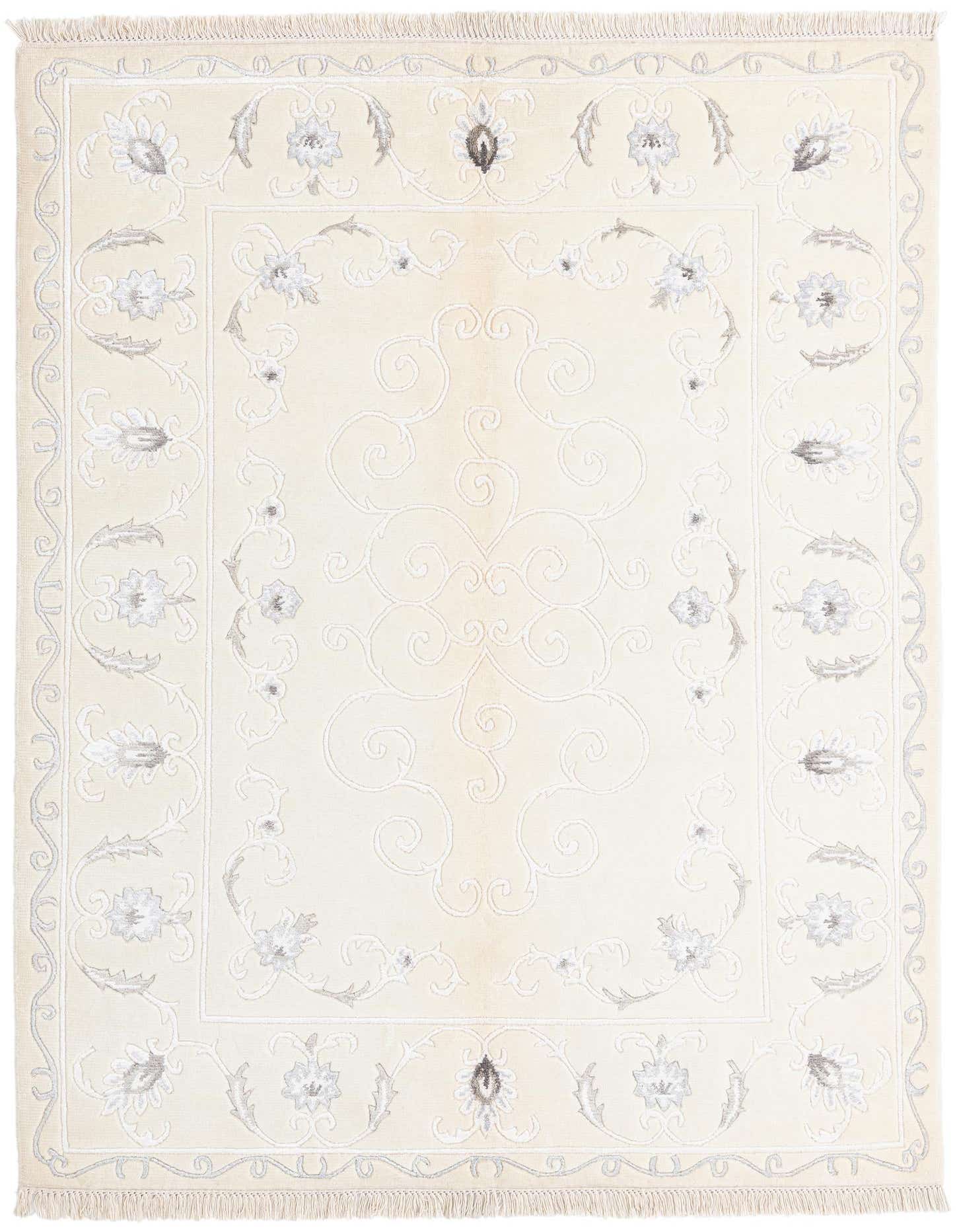 A 4x6 rectangular Darya rug with a modern floral pattern in cream, ivory, and subtle brown tones, featuring a high pile and fringe.
