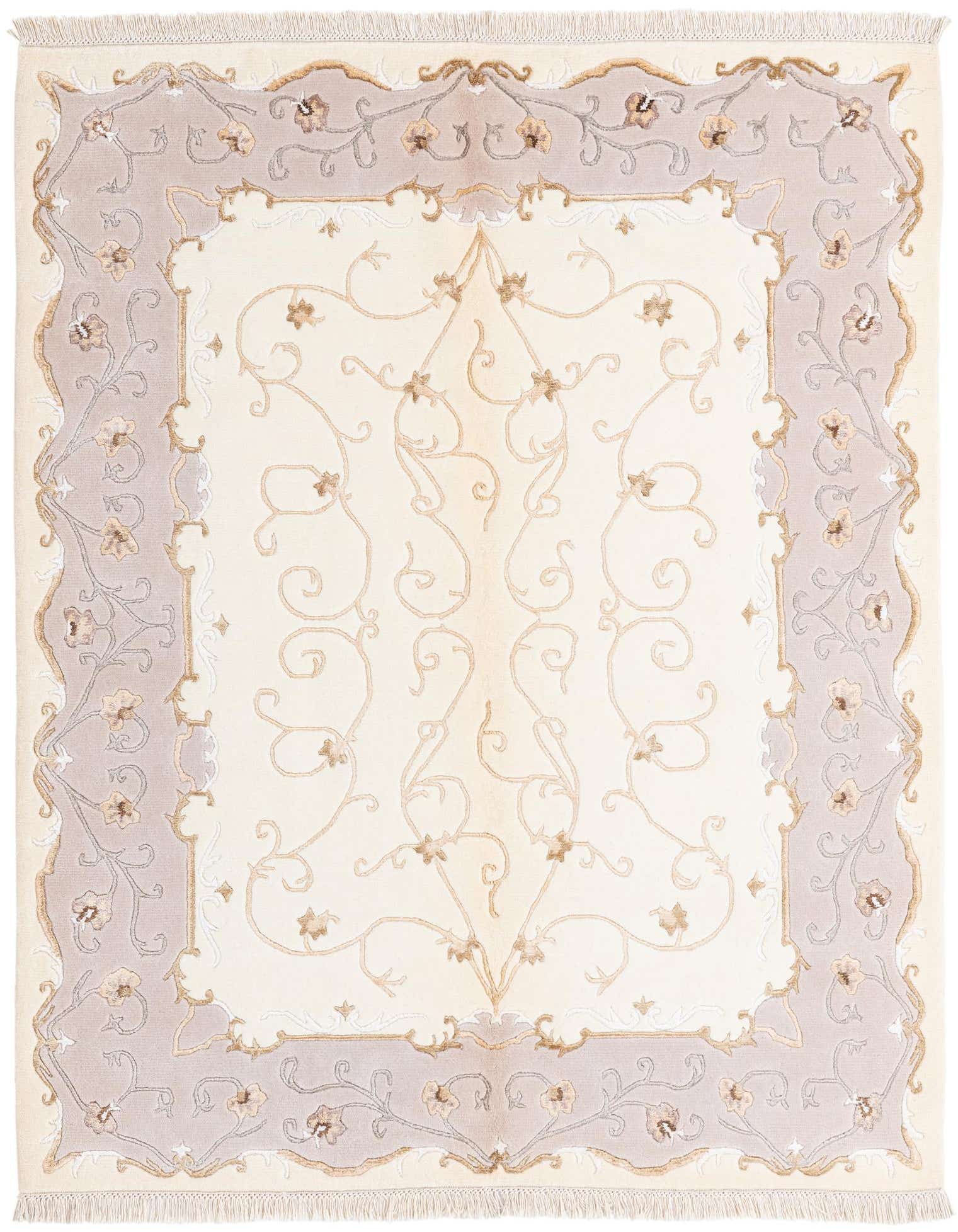 A 4x6 rectangular Darya rug with a cream center and intricate tan floral and vine patterns, bordered by a light brown frame with similar motifs.