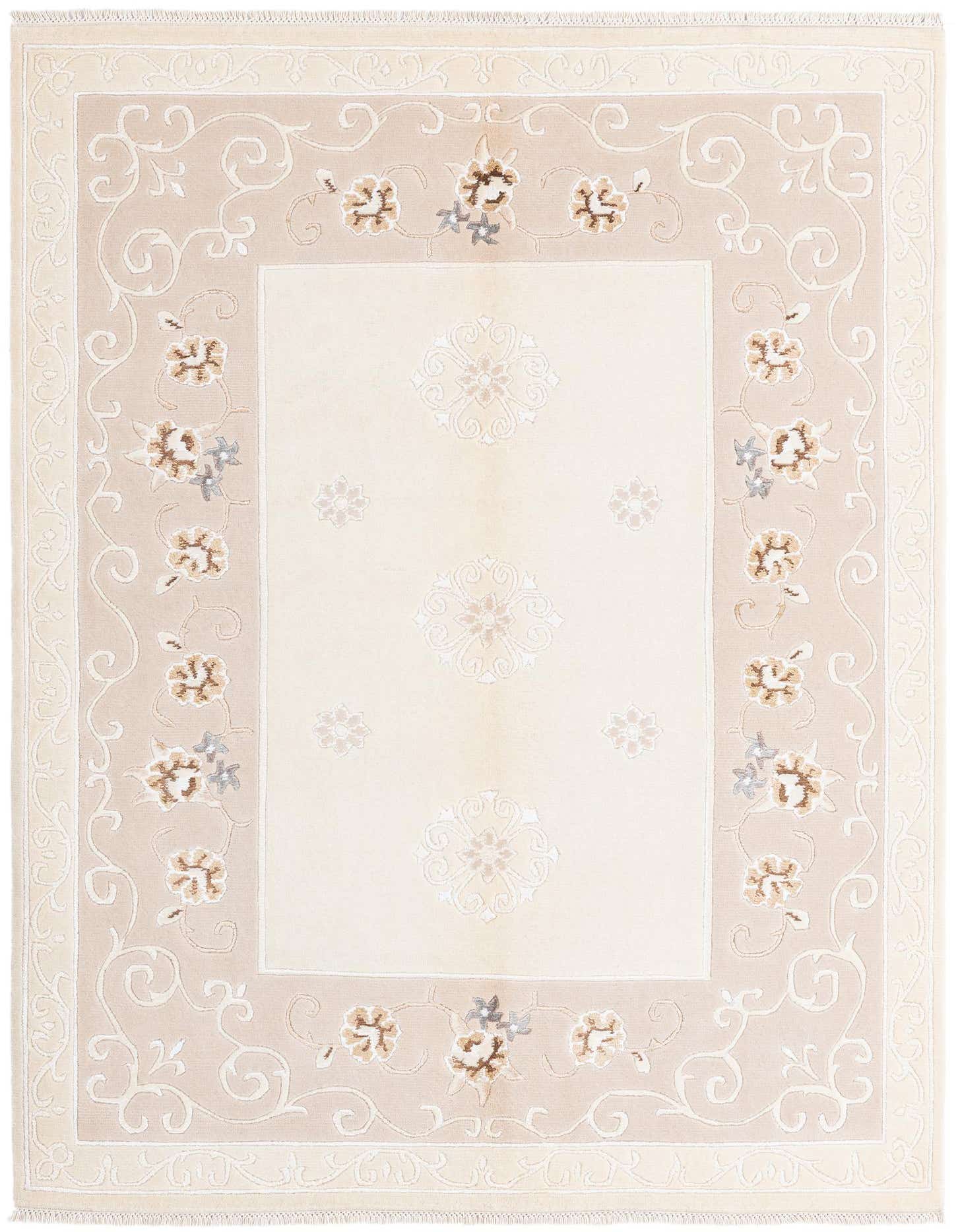 A 4x6 rectangular Darya rug in brown and ivory with a Persian floral and scroll pattern, suitable for a living room.