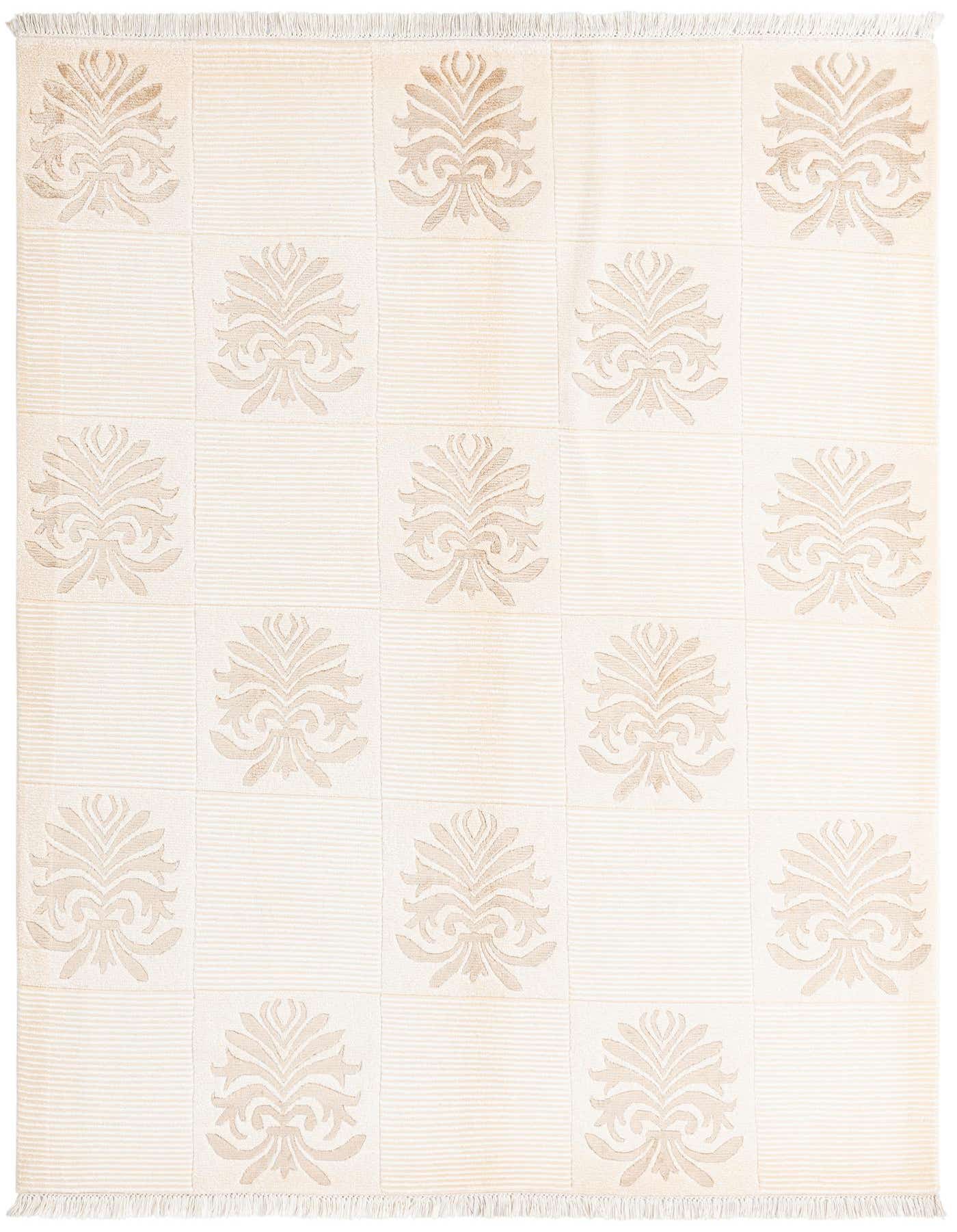 A 5x8 rectangular wool rug in cream and tan, featuring a modern damask pattern within alternating striped and solid squares.