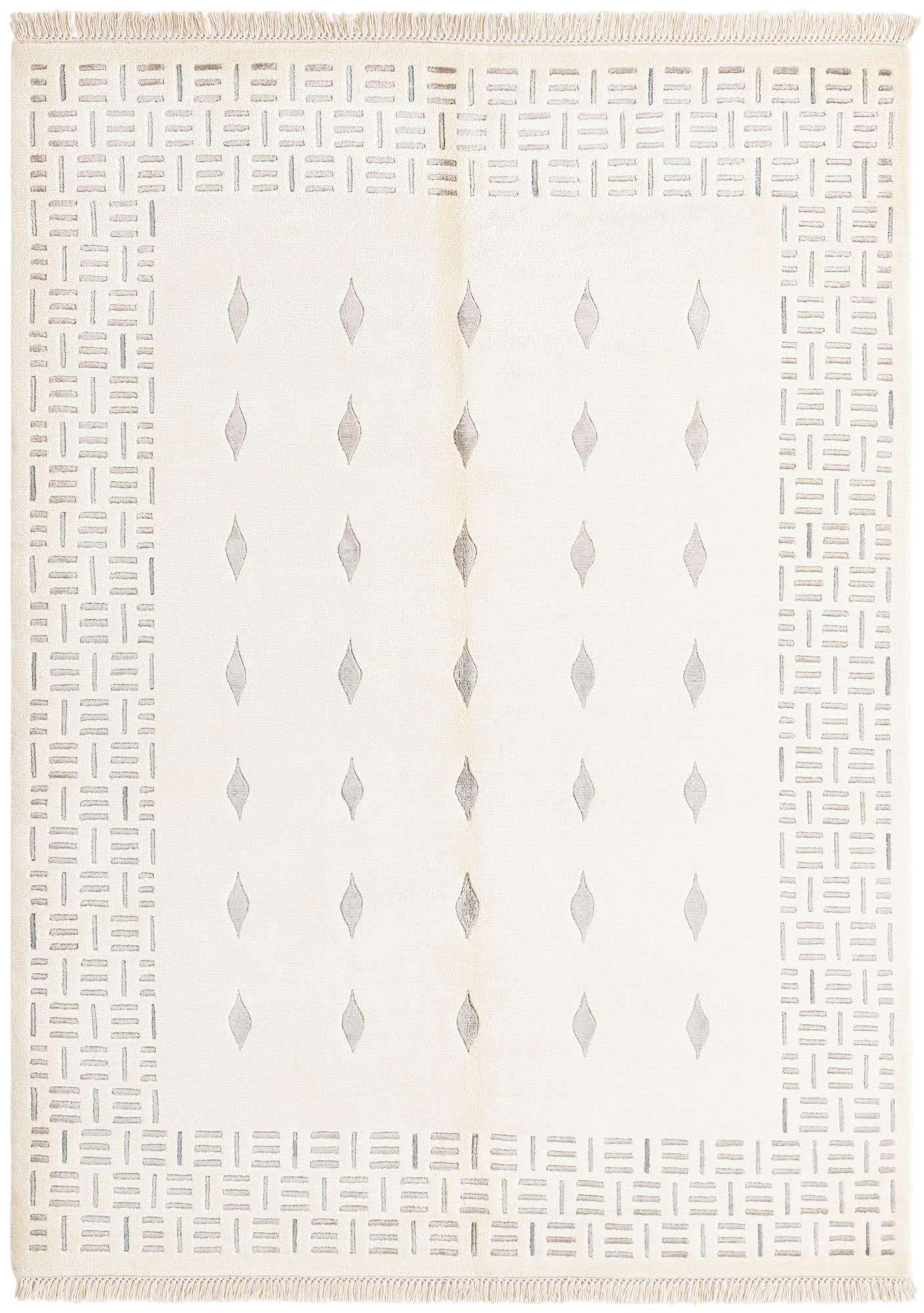 A 5x8 rectangular Darya rug in ivory and tan, featuring a modern geometric pattern with diamond shapes.