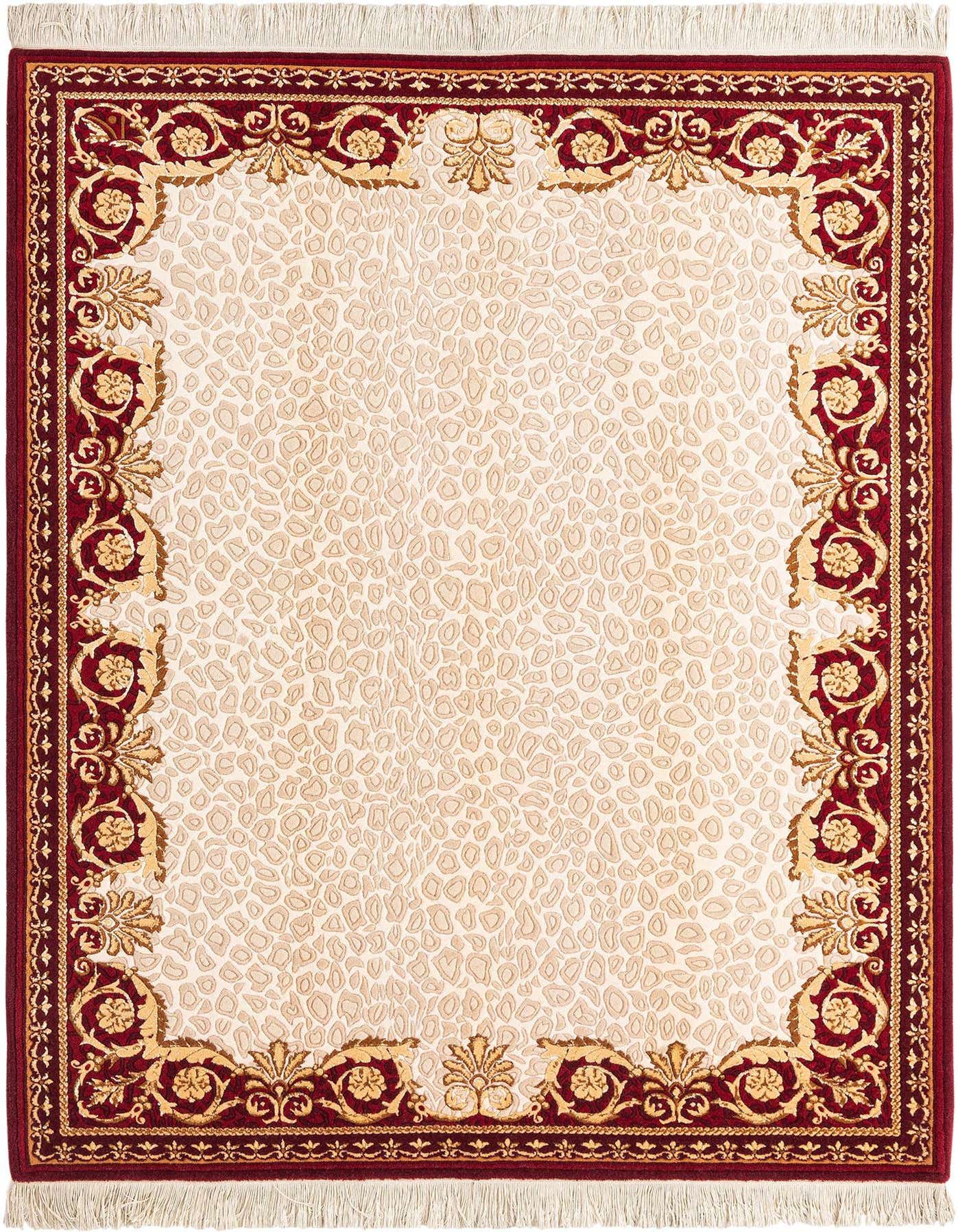 A 4x6 rectangular Darya rug with a cream and tan leopard print center and a rich red and gold Persian border.