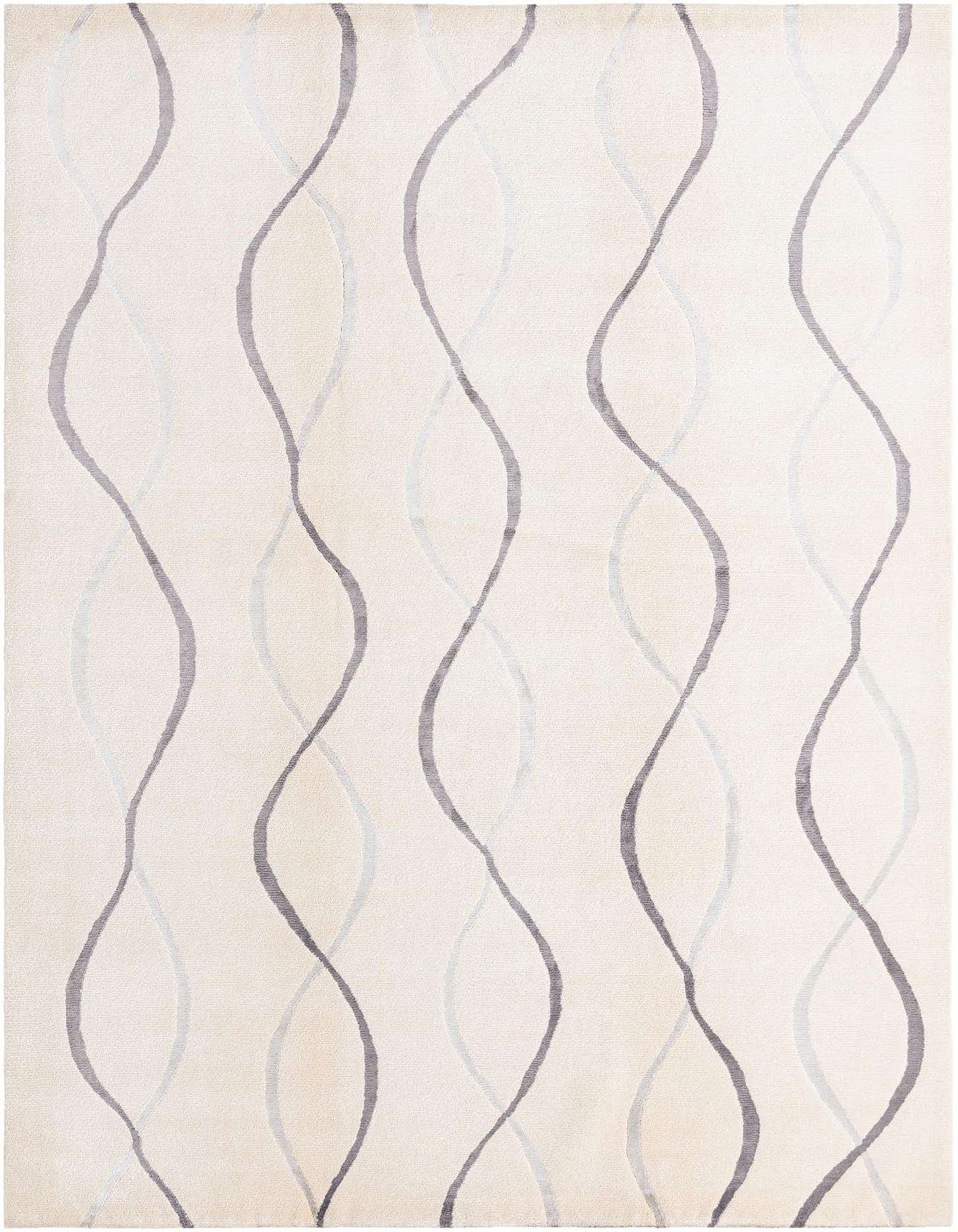 A 5x8 rectangular Darya rug with a modern Persian pattern featuring wavy brown and ivory lines on a cream background.