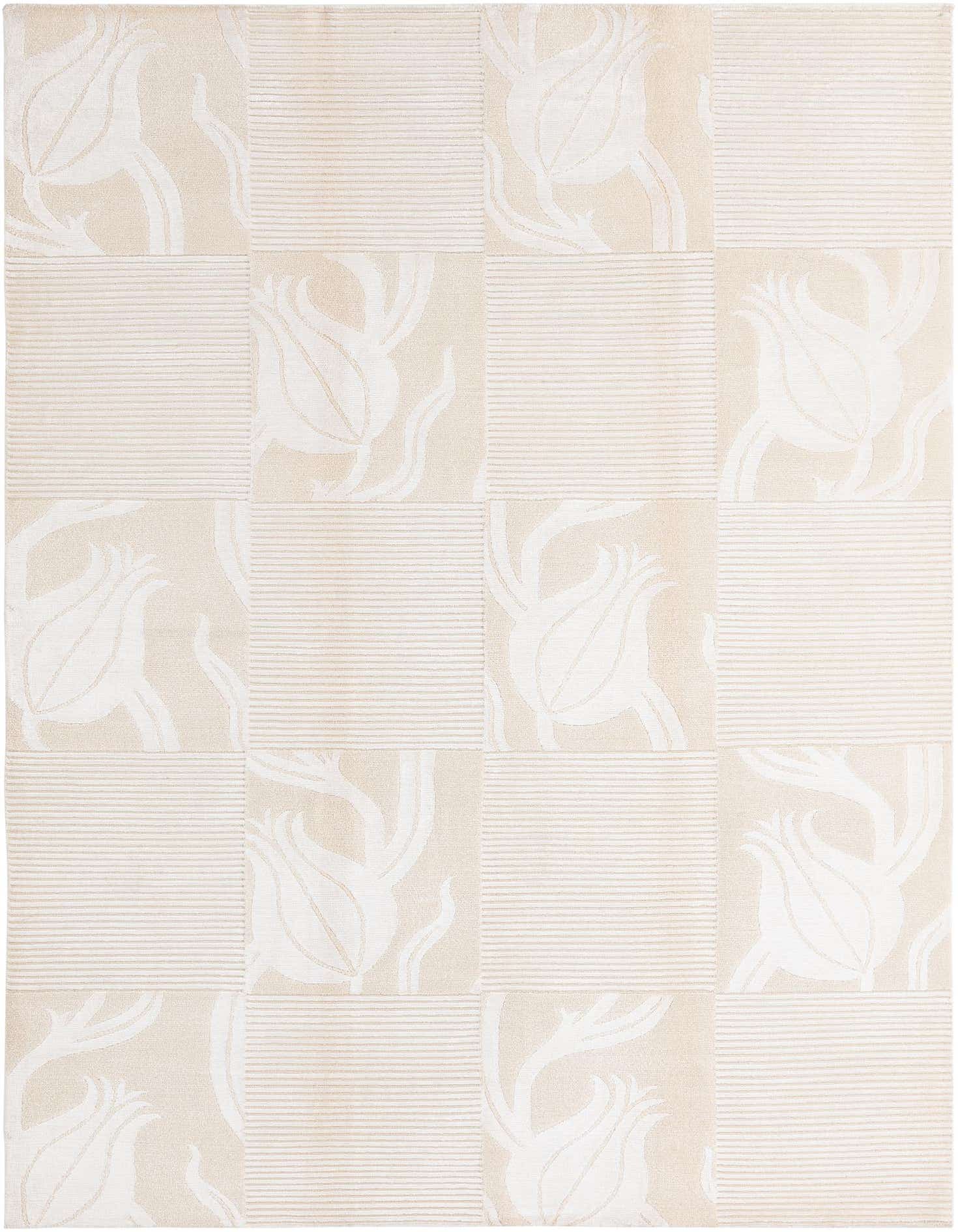 A 5x8 rectangular wool rug featuring a modern pattern of alternating light brown stripes and cream floral tulip motifs.